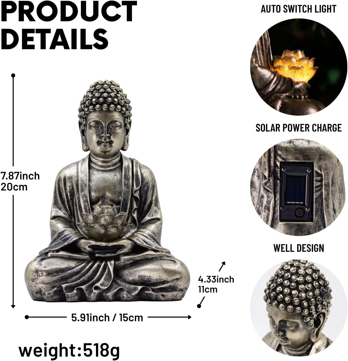 Buddha Lotus Statue with Solar Lights, Resin LED Figurine for Garden Decor – Unique Gift for Women and Friends(Copper Buddha)