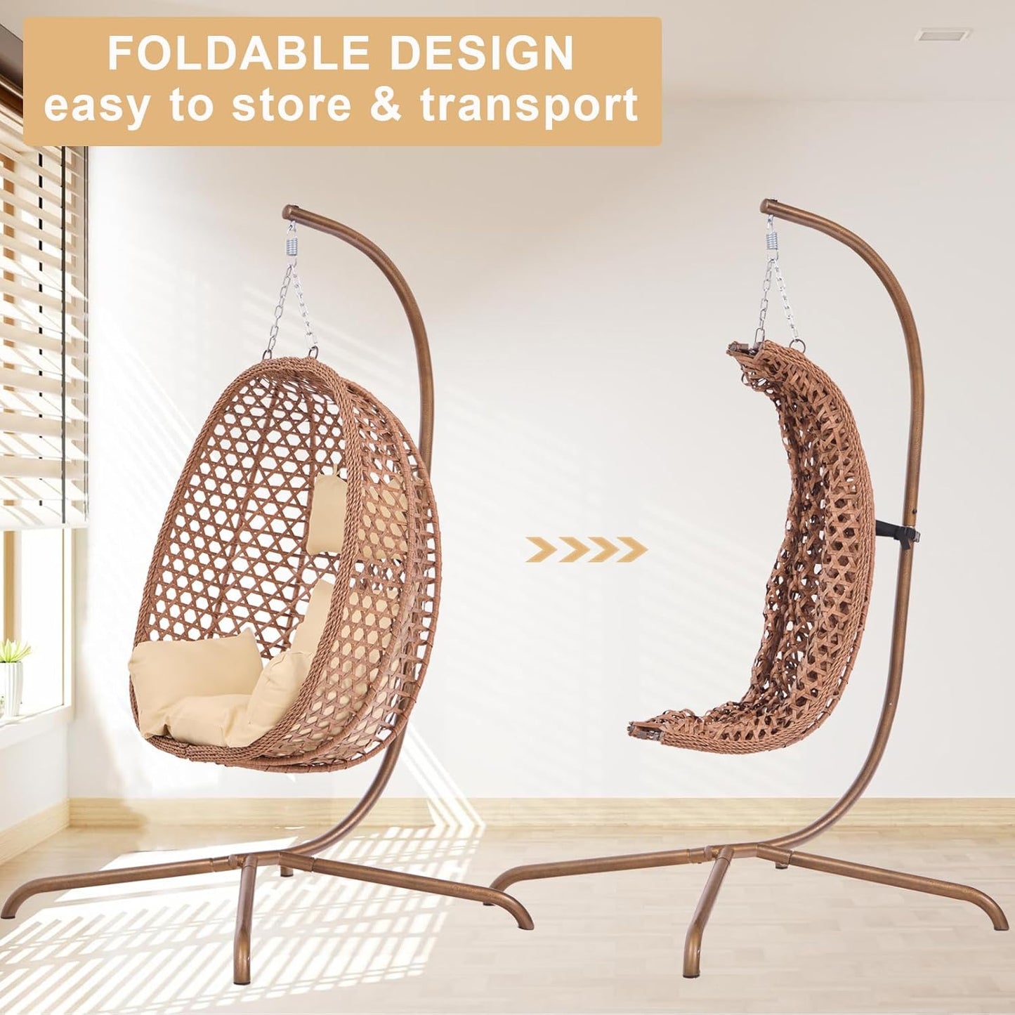 Indoor Hanging Chair with Stand for Bedroom, Hexagon Rattan Wicker Swing Egg Chair for Bedroom Porch Garden Patio Outdoor, Hammock Egg Swing Chair with Cushion,350LBS Capacity (Beige)