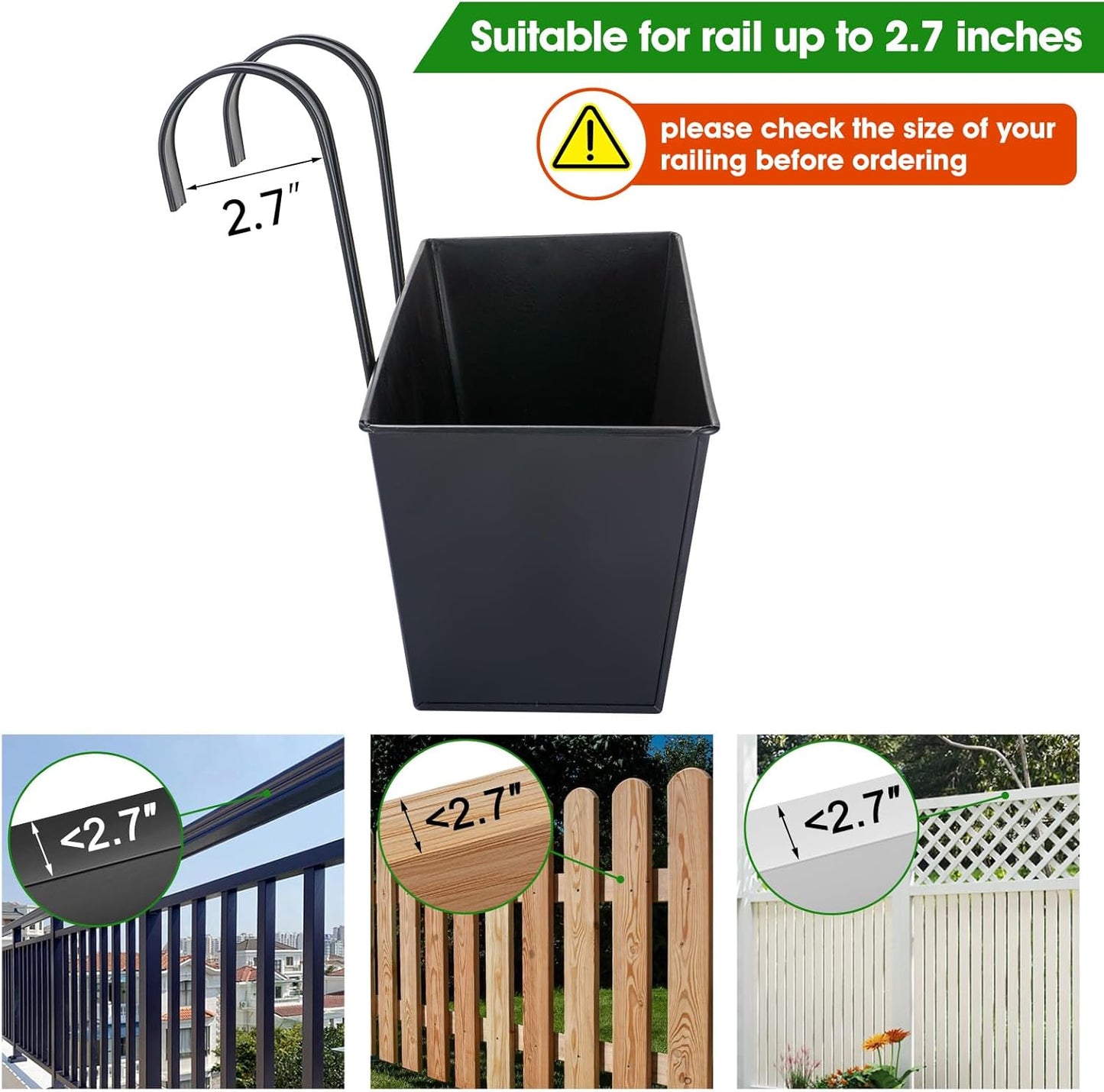 OGIMA 16-Inch Railing Planter Box, 3 Pack Large Hanging Planters for Outdoor Plants with Adjustable Wide Hooks for 2.7'' Railings - Balcony Planters Railing Hanging for Deck, Fence & Patio Decor