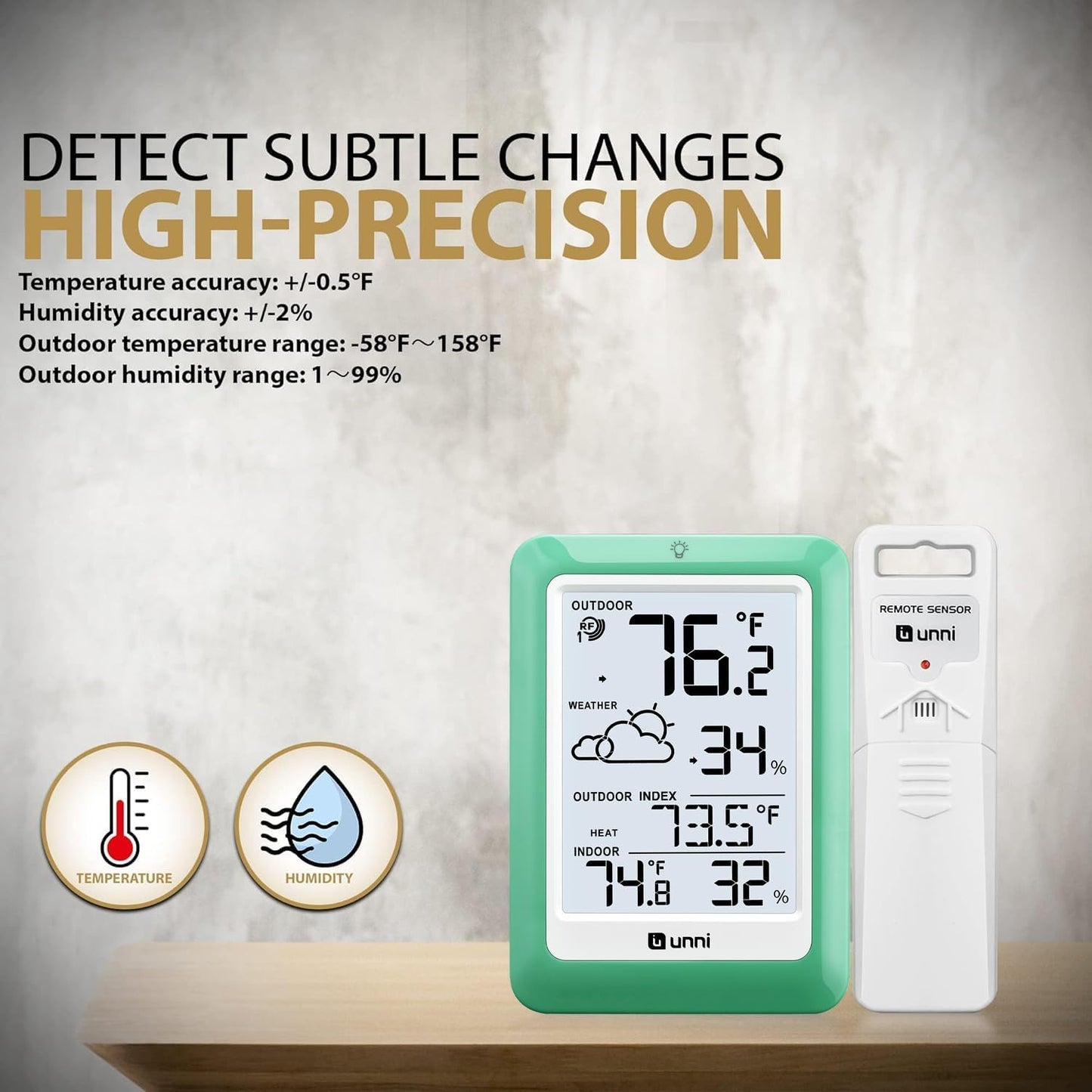 Indoor Outdoor Thermometer Wireless, Temperature Humidity Monitor Battery Powered Inside Outside Thermometers with 330ft Range Remote Sensor(Green)