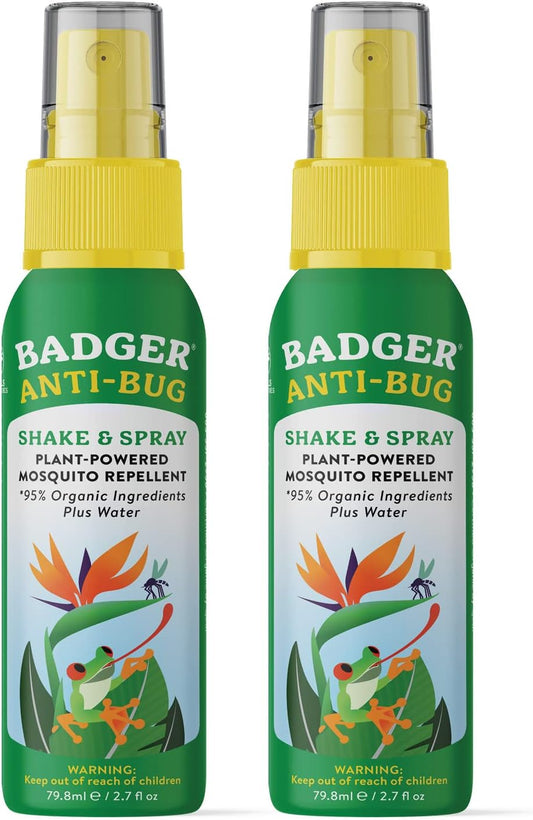 Badger Bug Spray Travel Size, Family Friendly All Natural Mosquito Repellent w/Organic Essential Oils, Smells Great, 3 Hours Effective, Deet-Free, Vegan, Travel Insect Repellent, 2.7 fl oz, 2-Pack