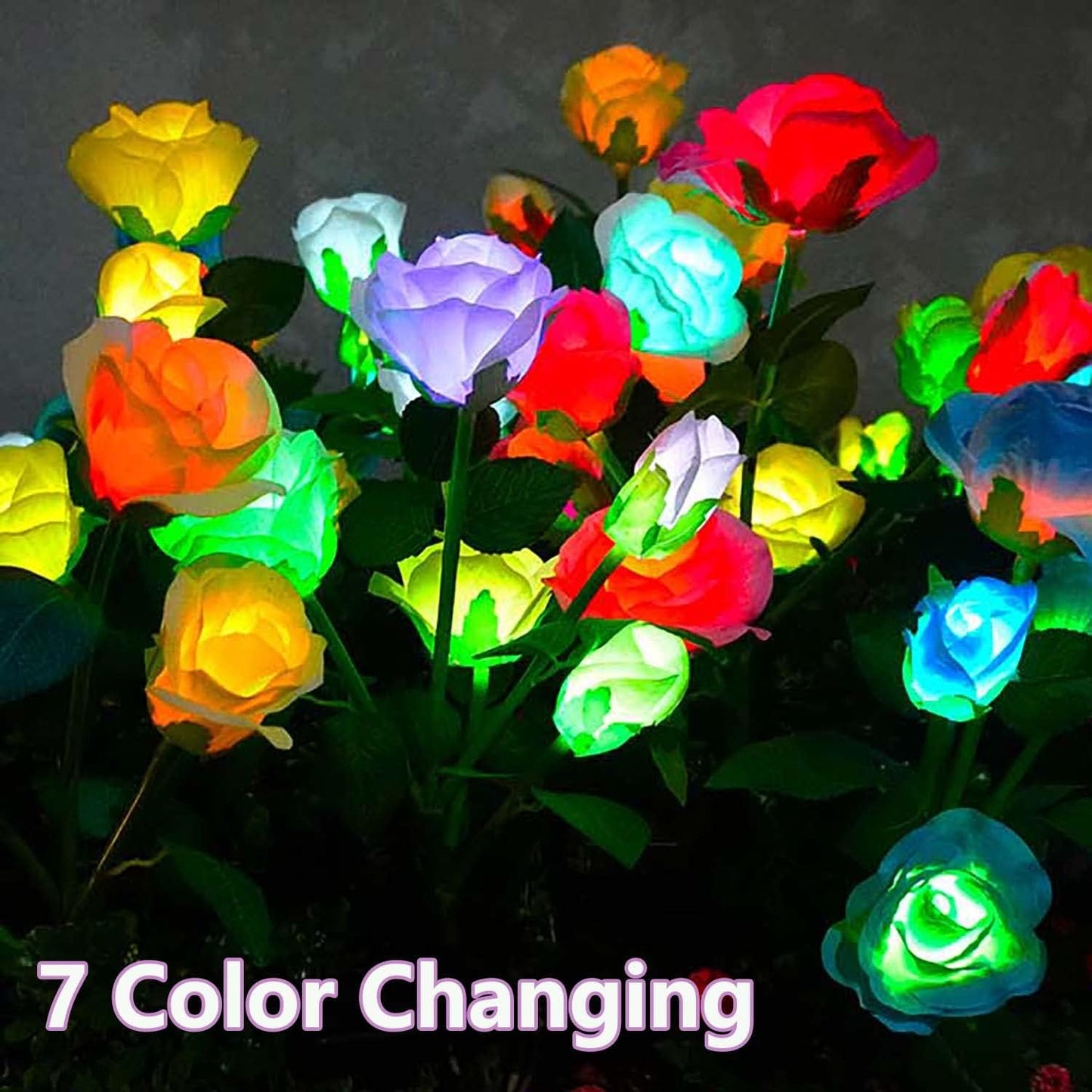 Solar Garden Decor Outdoor Lights, 4 Pack Waterproof Garden Lights for Outside, 16 Solar Rose, Multi-Color Changing Solar Flower Decor for Yard, Patio, Gifts for Women (7-Color Rose)