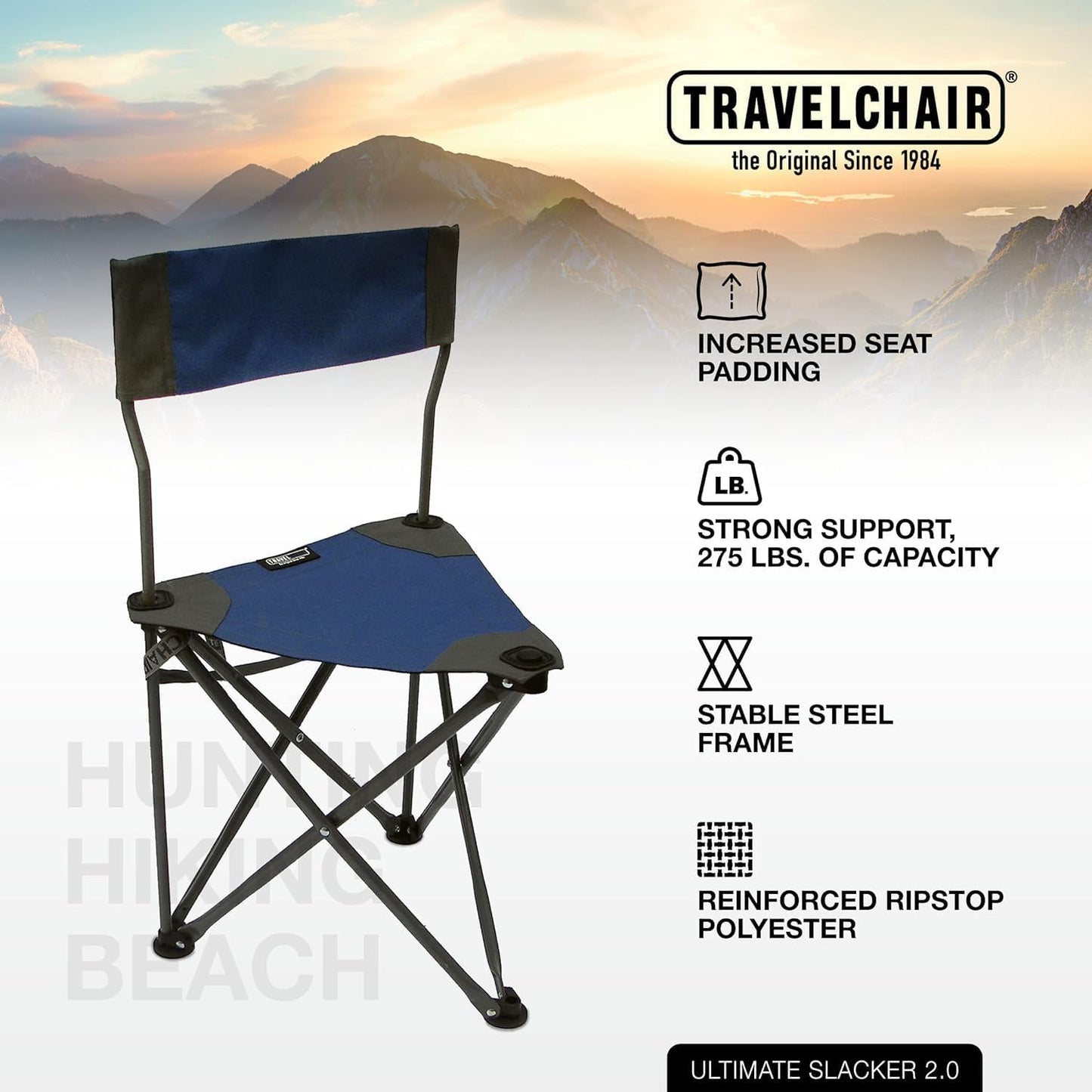 Travel Chair Ultimate Slacker, Quick Folding Tripod Stool with Backrest, Fishing Camping Hiking Chair with Carry Strap, Polyester, Blue