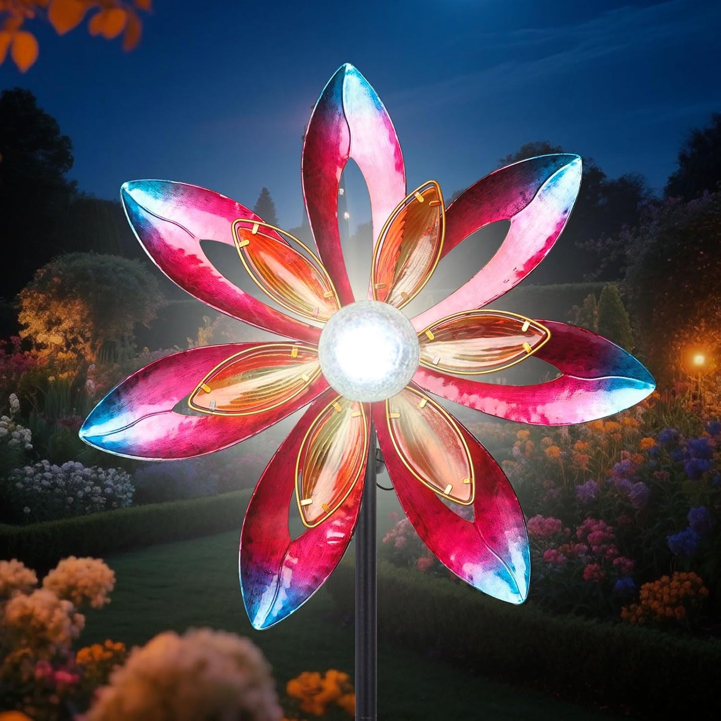 WONDER GARDEN Wind Spinners for Yard and Garden-Solar Wind Spinner - 5.2 FT Wind Sculptures & Spinners Windmill with LED Light Glass Ball for Garden Patio Outdoor Decor