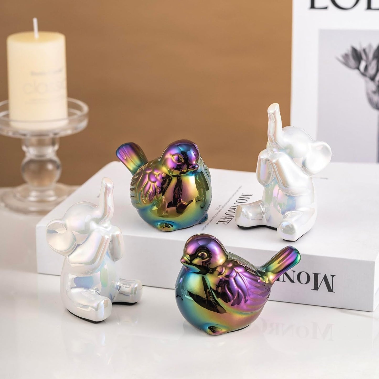 Colorful White Loving Pair of Small Elephant Statues Silver Home Decor Modern Boho Style Figurine Decorative Ornaments for Living Room, Bedroom, Office Desktop, Cabinets, Shelf