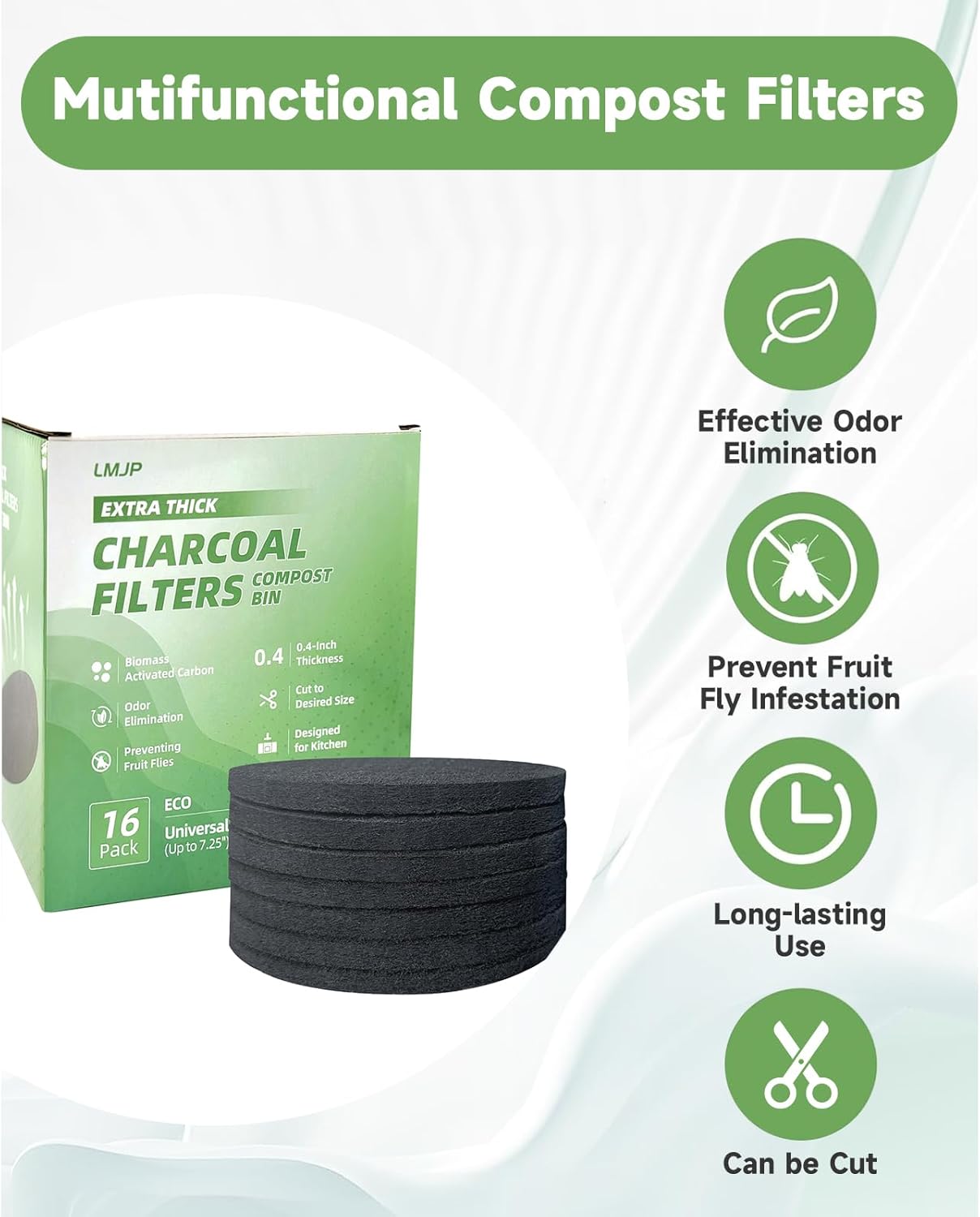 6.7 Inch Charcoal Filters for 16 Pack Kitchen Countertop Compost Bins - Extra Thick 0.4" for Longer Lasting Activated Carbon