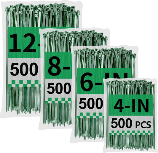 Green Zip Ties Assorted Sizes (4"+6"+8"+12"), 2000 Pack, Cable Ties UV Resistant for Garden, Plants, Fence, Holiday Lights, Yakobela