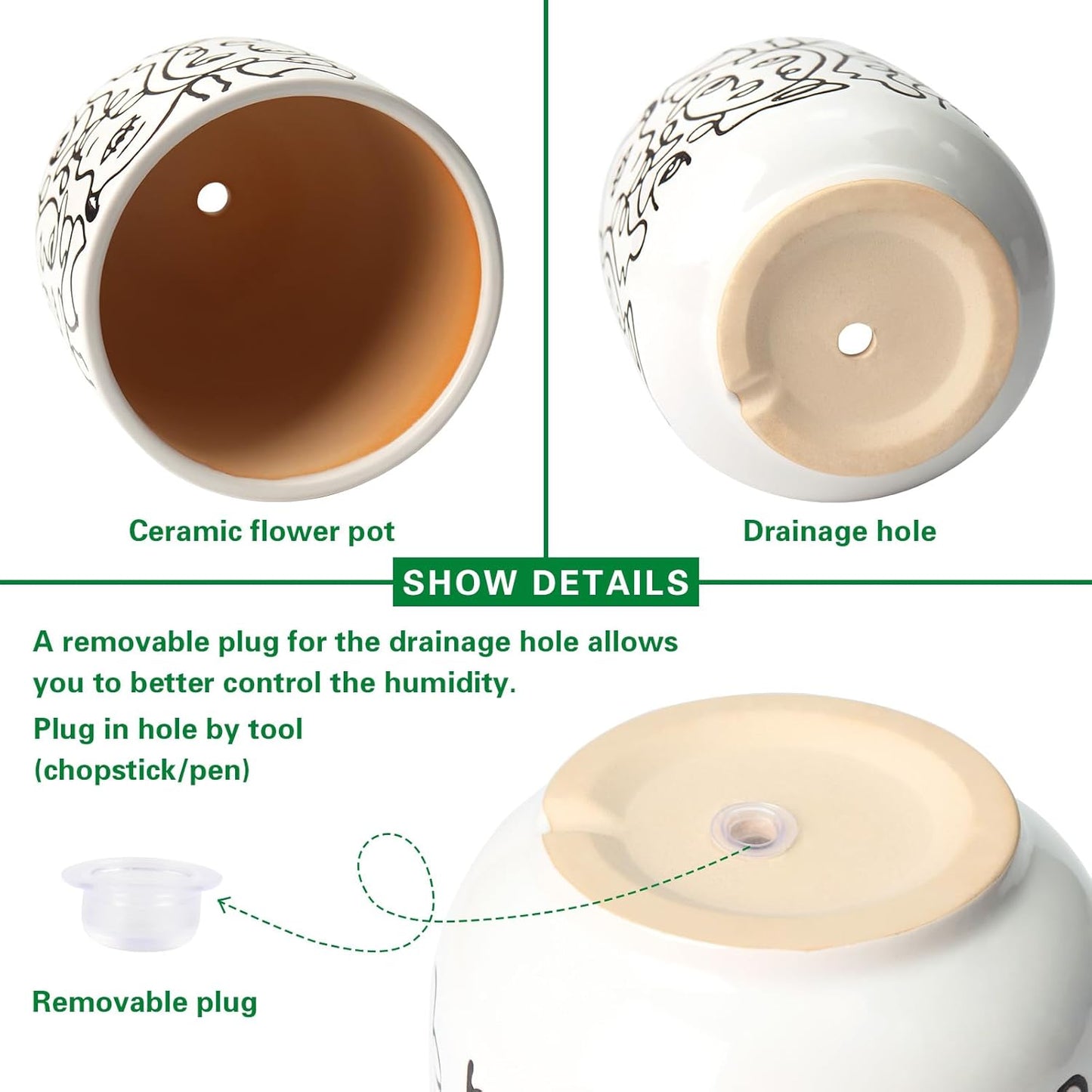 Docrin Plant Pots Indoor with Drainage : 6.6+5.4 Inch Ceramic Flower Pots for Plants - Set of 2 Modern Decorative Face Planters for House/Office/Gift - /Black and White