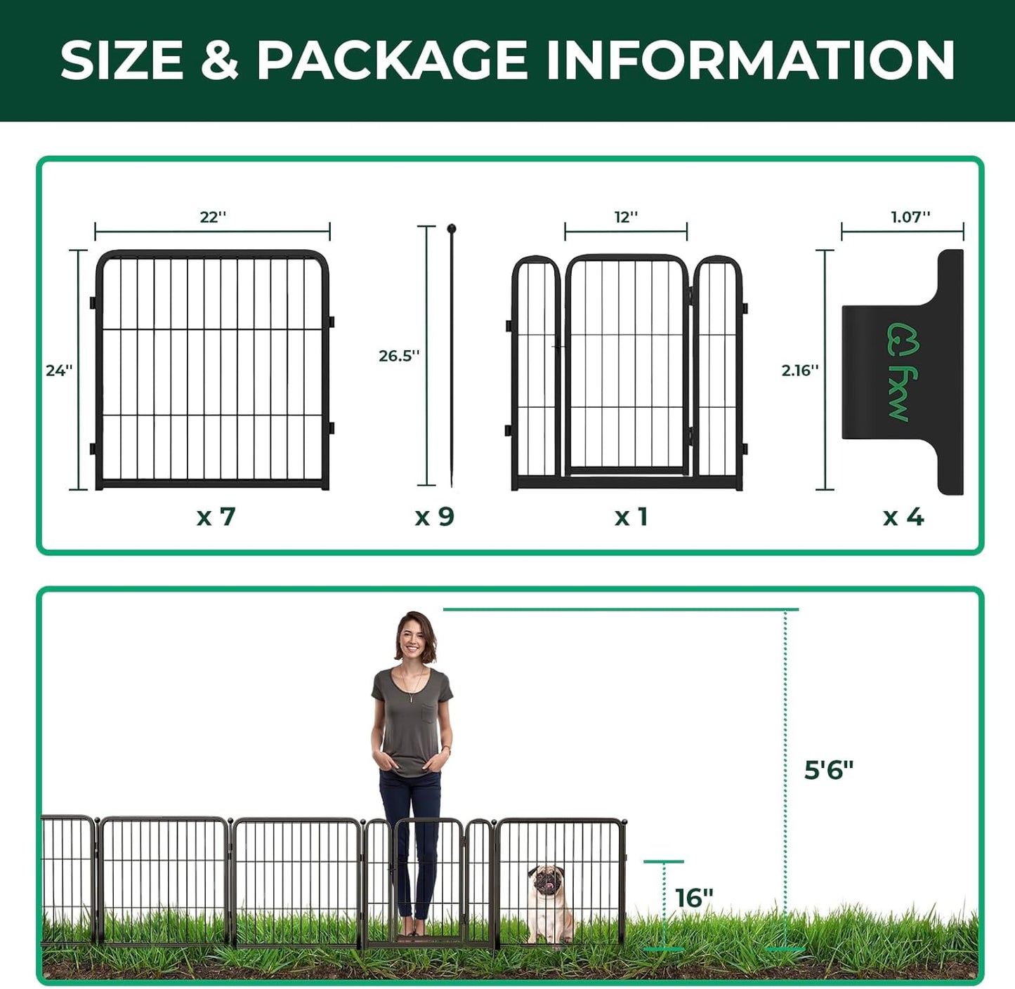 FXW Garden Fence Outdoor for The Yard – 24in(H) x 15.2ft(L) Heavy Duty Metal Animal Barrier for Dog and Rabbit, Decorative Dog Fence with Fence-to-Wall Anchor (Pack of 4), 8 Panels, Black