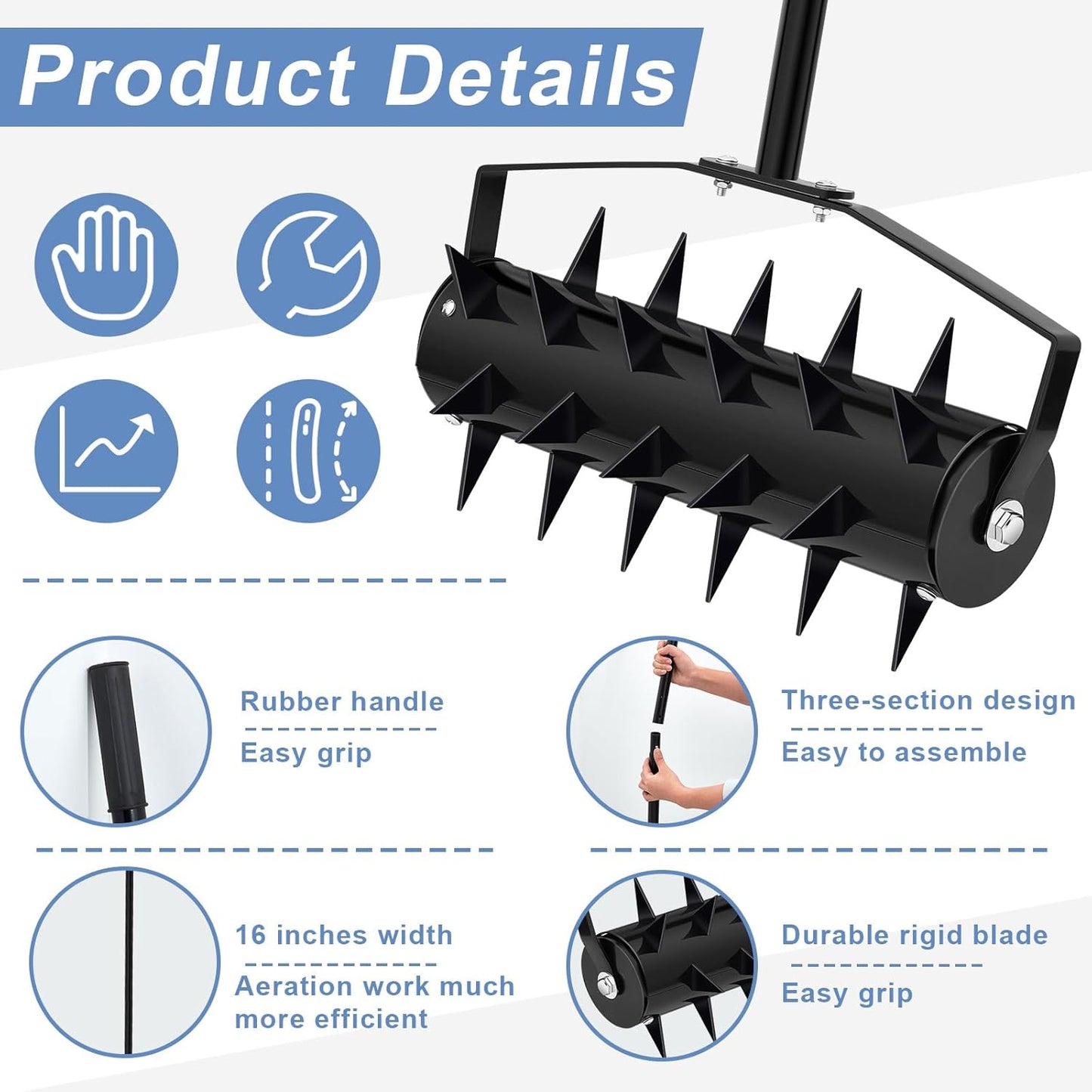 Lasnten Lawn Aerator Tool 16" Manual Rolling Yard Aerator Grass Roller Heavy Duty with 59" Stainless Steel Handle, Gloves, Spike Garden Rotary Push for Backyard Yard