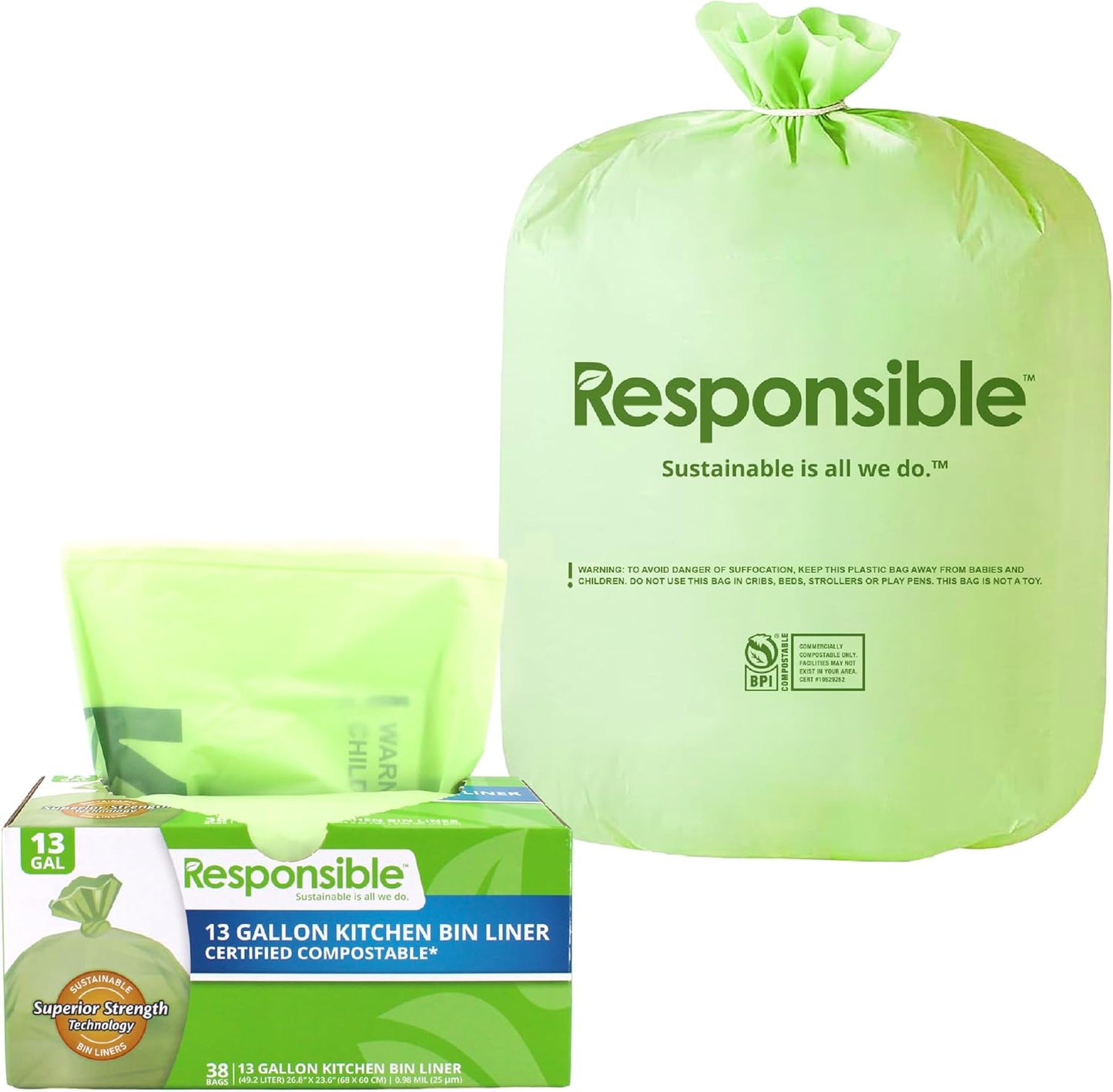 Kitchen Bin Liners, Certified Compostable, Heavy Duty Multipurpose Food Scrap Bags, Made from Compostable Materials (13 Gallon, 13 Gallon (38 Count))