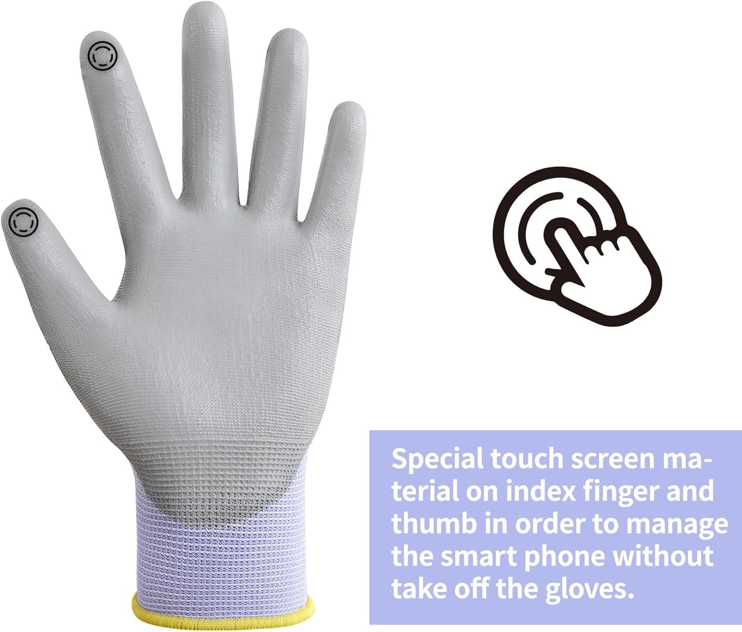 DULFINE Work Gloves for Men PU Coated 12 Pairs Bulk Pack,Purple Seamless Knit Glove with thin Polyurethane,Two Finger Touchscreen, for Men and Women, Ideal for Light Duty Work. (Small)