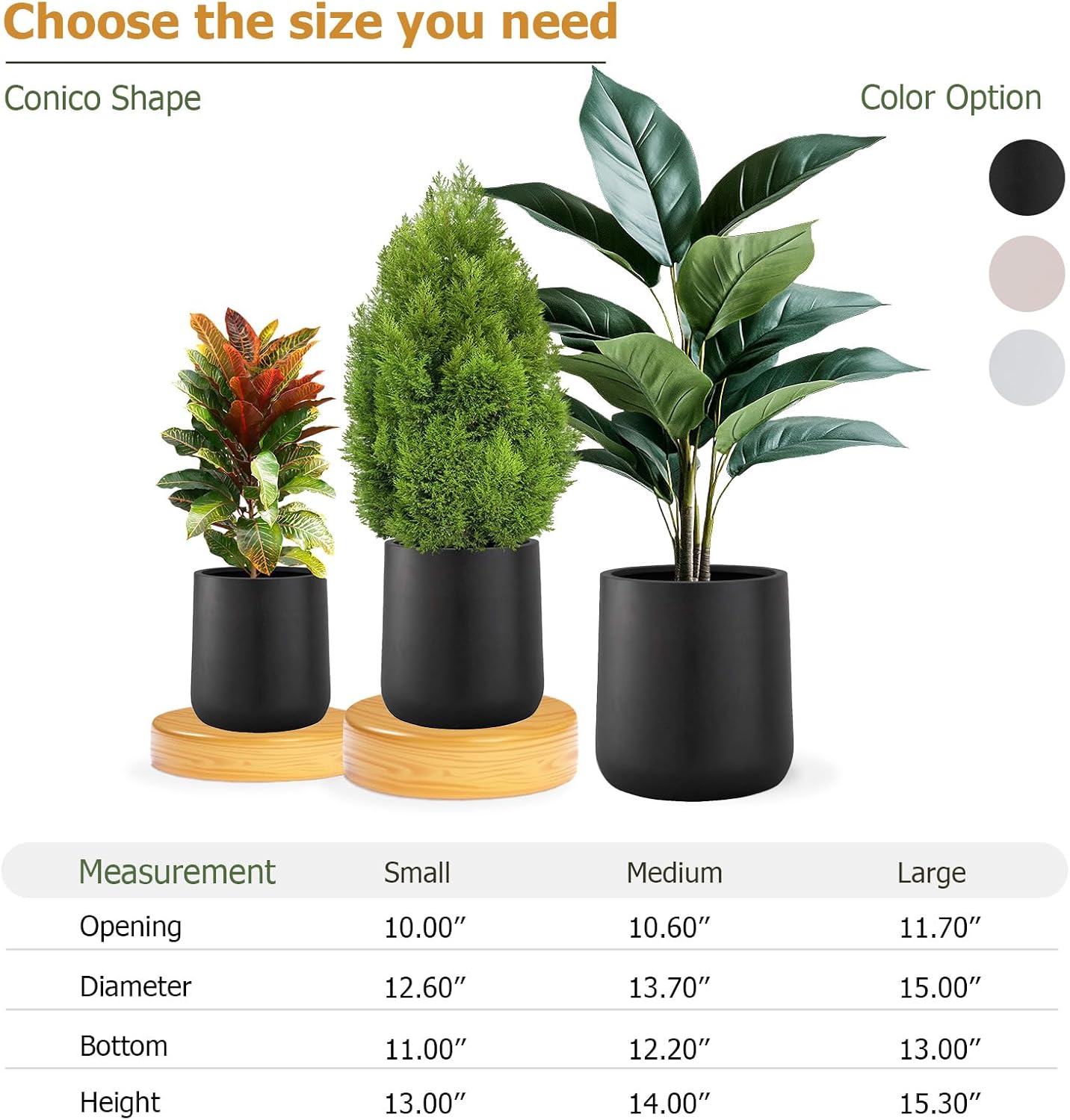 14" H x 13.7" D Conico Fiberstone Round Planter with Drainage Hole, Smooth Finishes, Weather Resistant for Indoor and Outdoor Use, Included 2 Extra Coco Mats (Black, 10.6" Pot Opening)