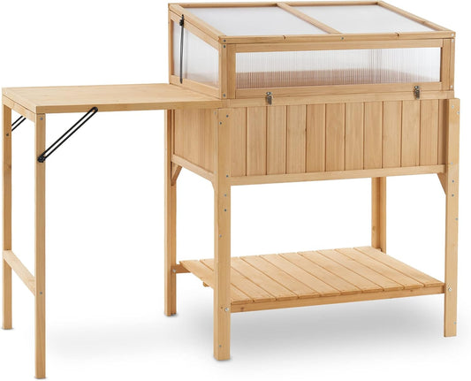 Macrout Cold Frame Greenhouse with Foldable Potting Table, Raised Garden Bed Planter Box with Legs and Wooden Greenhouse with Shelf for Vegetables, Herb and Flowers Use, 0399