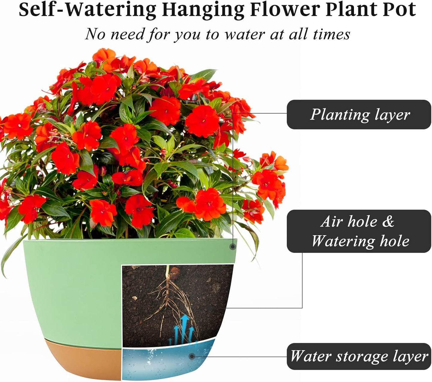 Bevgems 3 Pack 8.26 Inch Hanging Planters, Plastic Self-Watering Hanging Flower Plant Pot, Decorative Flower Pot Holder with Drainage Holes & Removable Tray for Indoor Outdoor Plants,Flowers, Herbs