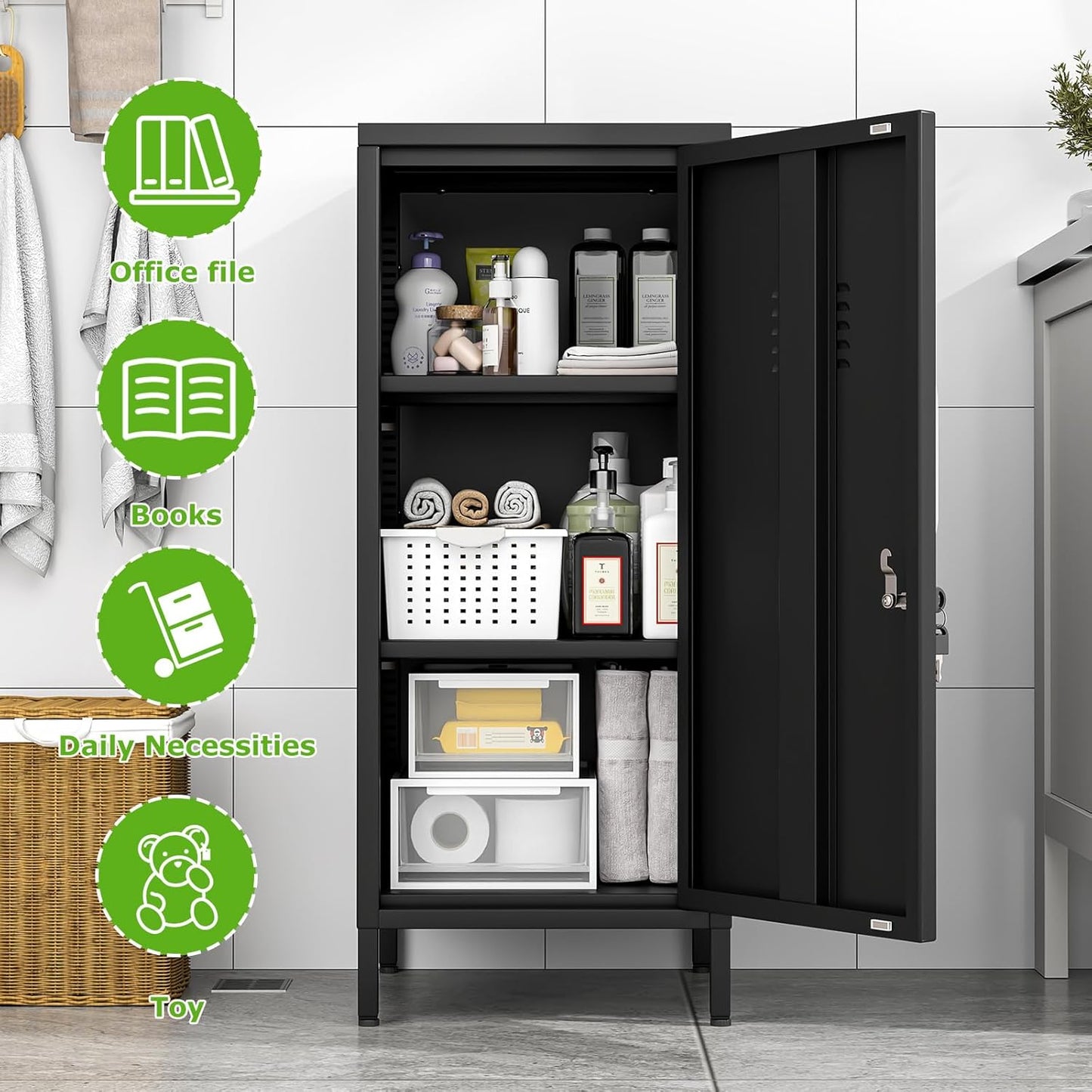 35" Metal Storage Locker, Lockable Employees Metal Locker with Door and Adjustable Shelves, Steel Locker for Home, School, Office, Gym (Black)