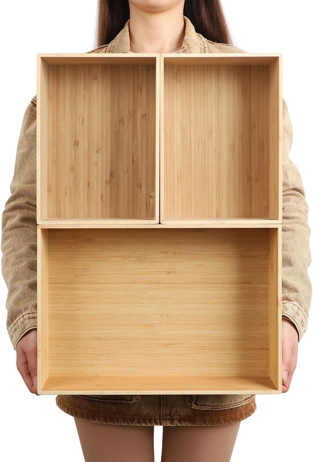 3-Piece Large Bamboo Storage Box Set, 7.1 in High Stackable Deep-Drawer Organizer for Kitchen Cutlery, Utensils & Knives, Exquisite and Durable Lidless Wooden Bin (14.6"x10.2x7.1"*1+10.2"x7.3"x3"*2)