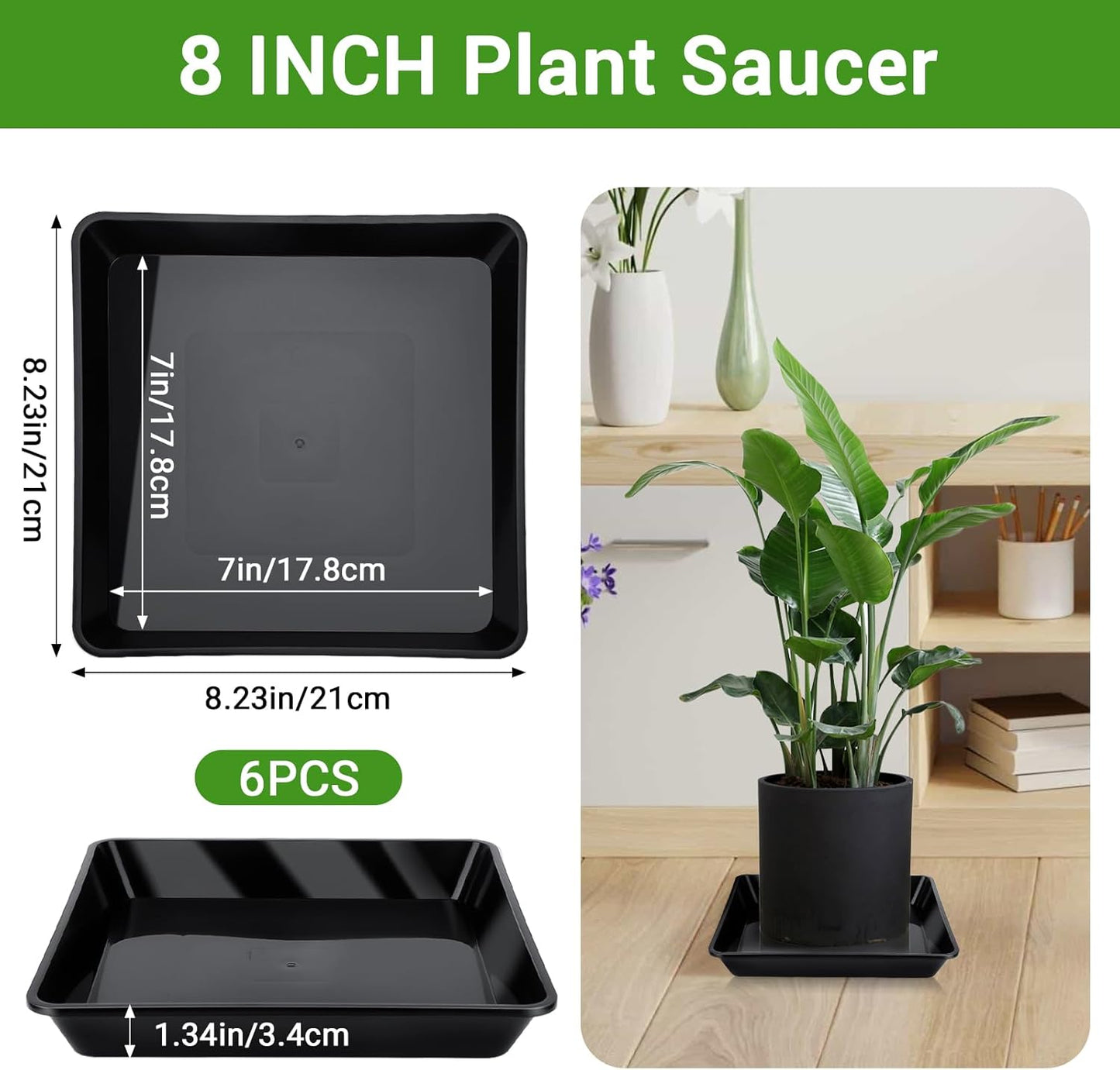GREANER 8 Inch Humidity Tray, Black 6 PCS Plant Pot Drainage Tray, Indoor Plant Trays for Pots, Drip Trays for Potted Plants, Plastic Plant Trays for Pots, Seed Starter Growing Tray