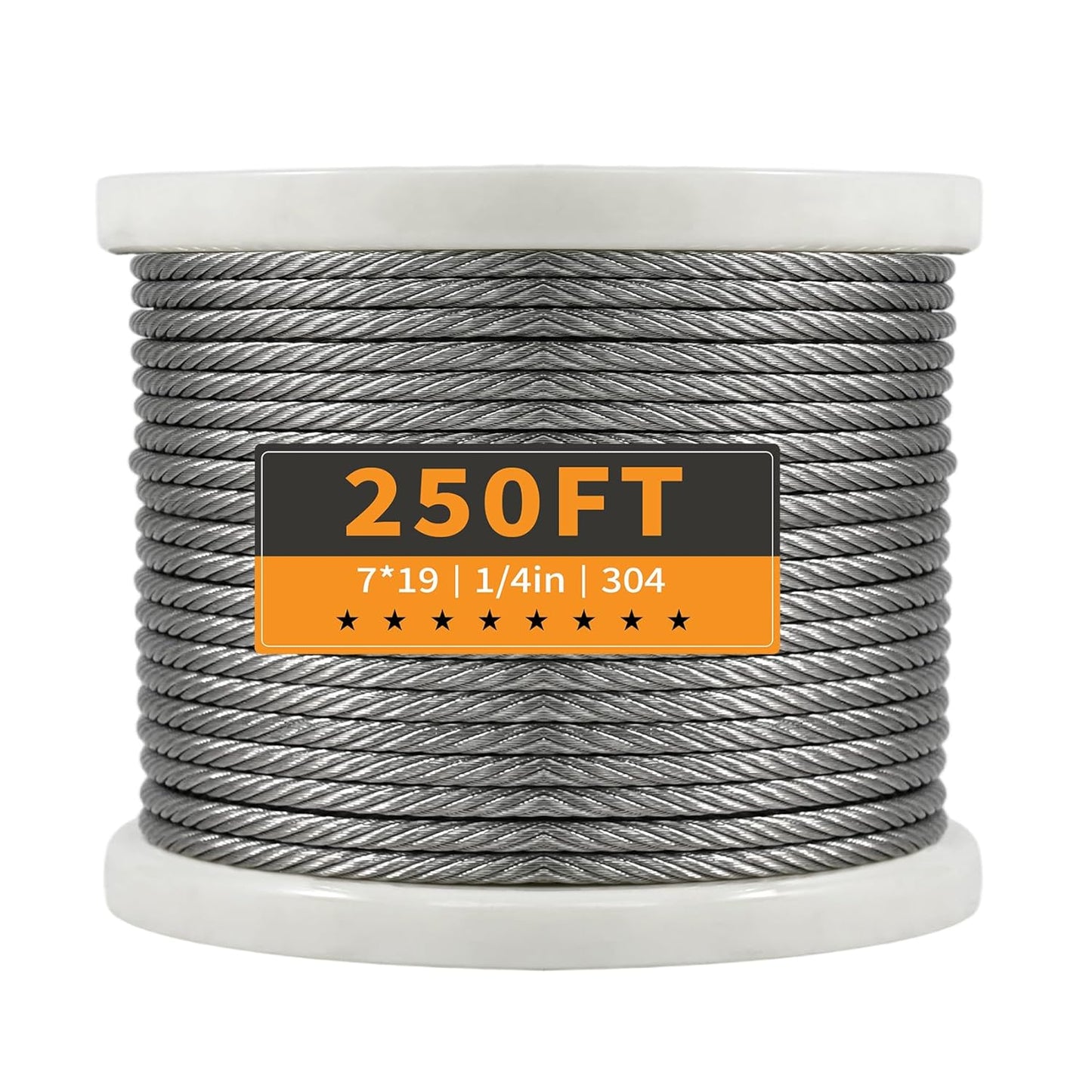 1/4" Stainless Steel Cable, 250FT Wire Rope, 7X19 Strands Aircraft Cable, 6400lbs Breaking Strength, for Zipline, Outdoor, Deck Railing, Heavy Duty Applications, Hanging