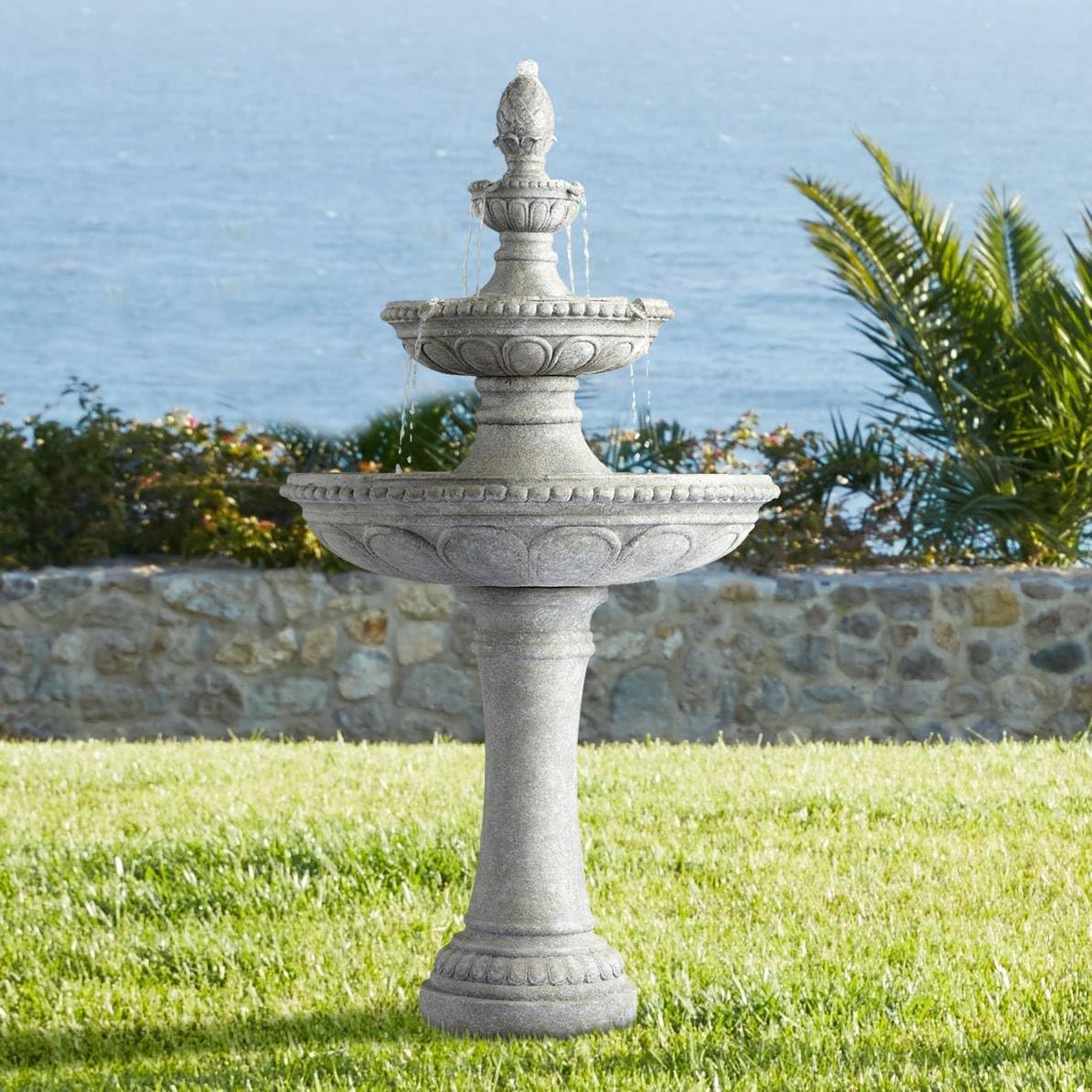 Pineapple 44" High Large Italian Outdoor Decor Old Faux Stone Floor Fountain Waterfall 3-Tier Standing Bowl Cascading Tall Water Feature for Outside Garden Patio Yard Backyard Porch - John Timberland