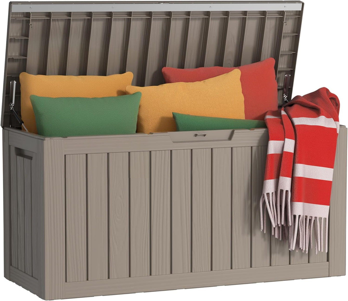 80 Gallon Outdoor Storage Box Waterproof, UV Resistant Resin Deck Box with Hydraulic Rod, Reinforced Stability for Patio, Garden, Striped Gray