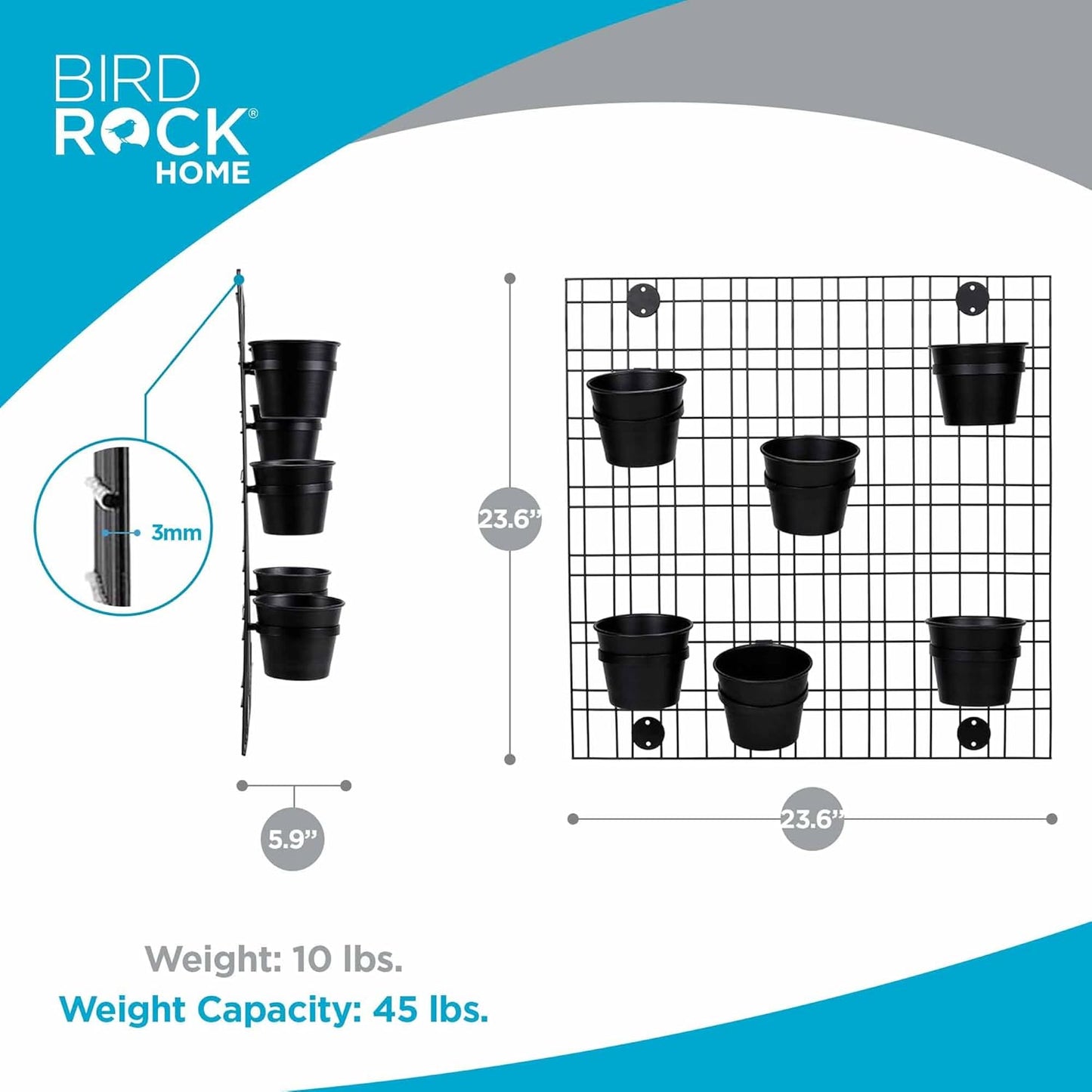 BIRDROCK HOME 6 Pot Garden Wall Grid - Flower or Succulent Planter Pots - Indoor or Outdoor Plant Organizer Rack - Black