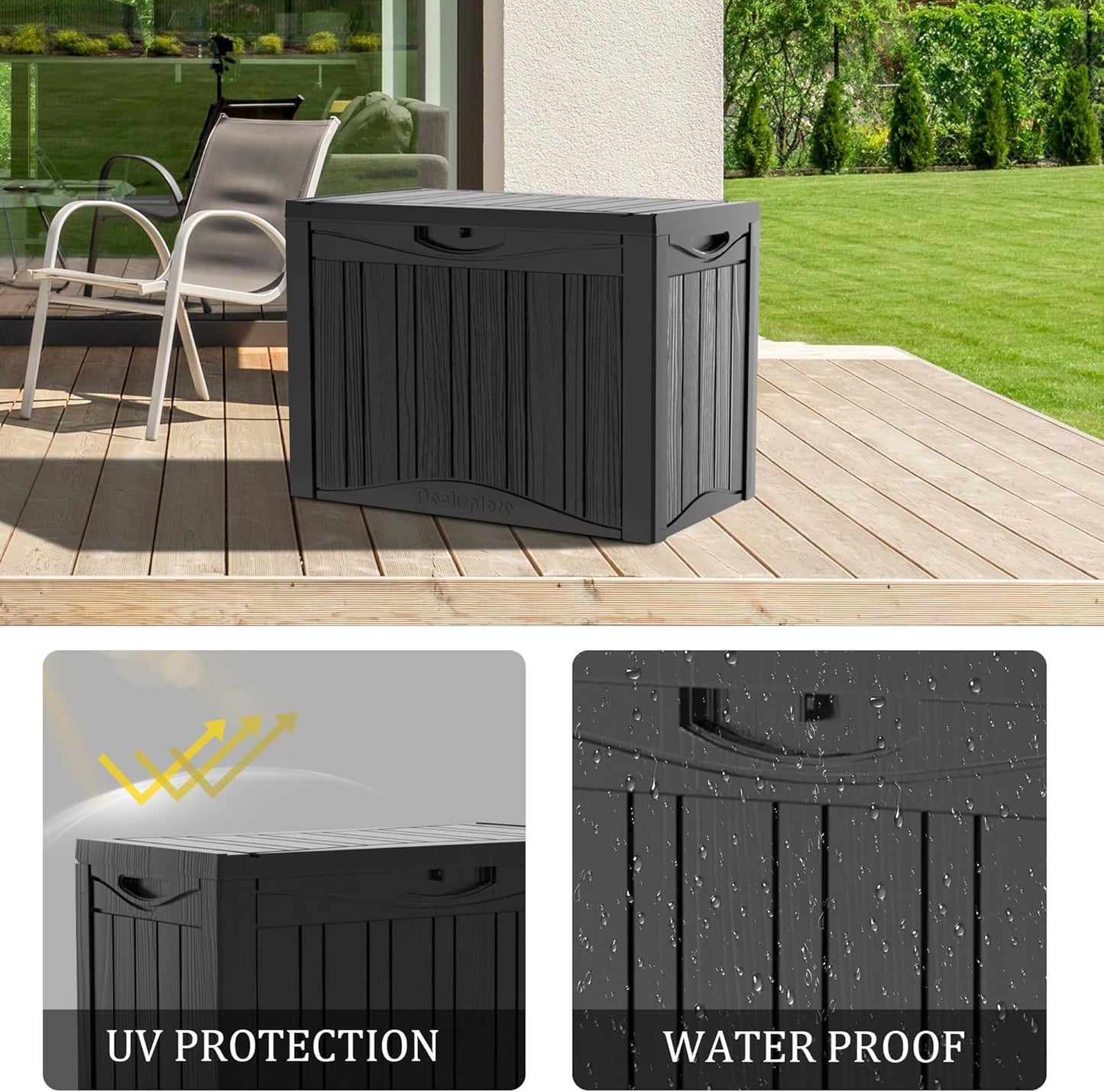 45 Gallon Lockable Resin Deck Box, Waterproof & UV-Resistant Outdoor Storage Box for Outdoor Cushion Storage, Garden Tools & Pool Accessories Storage, Black