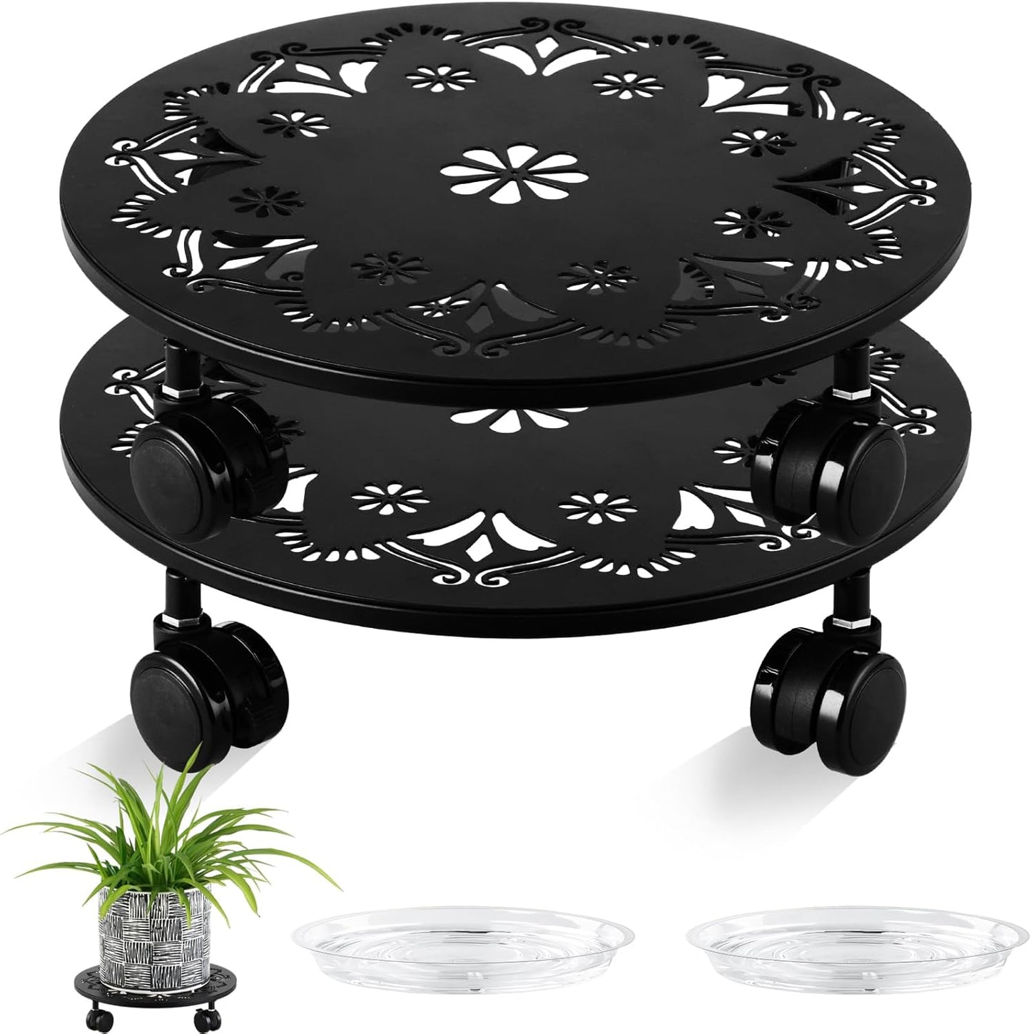 2 Pack Rolling Plant Caddy with Wheels 12 Inch, Plant Rollers with Wheels Metal Plant Caddy with Wheels Heavy Duty Plant Stand for Large Plants, Matte Black Rolling Planter Base, 4 Wheels for Planters