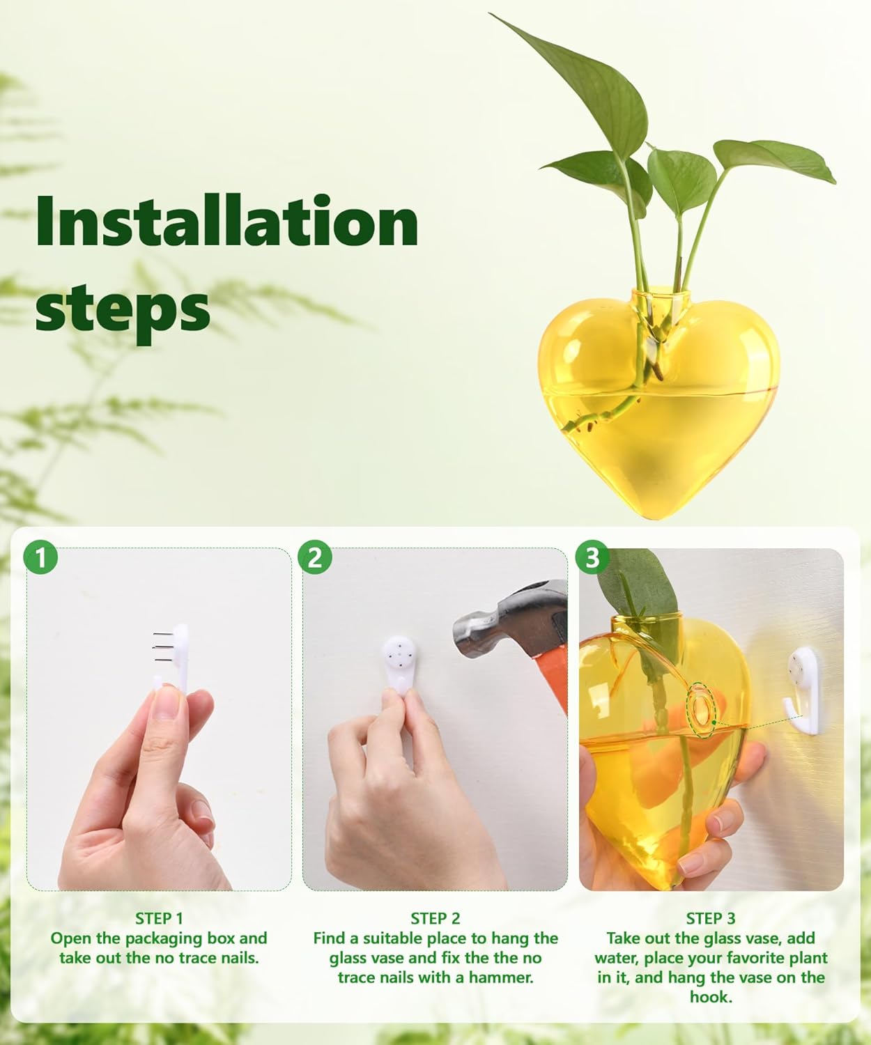 Nacome Wall Hanging Glass Planter Terrarium Plant Propagation Station, 4 Pack Heart Shape Vase for Hydroponic Home Office Garden Decor,Unique Gardening Gifts for Plant Lovers Women Mom(Yellow)