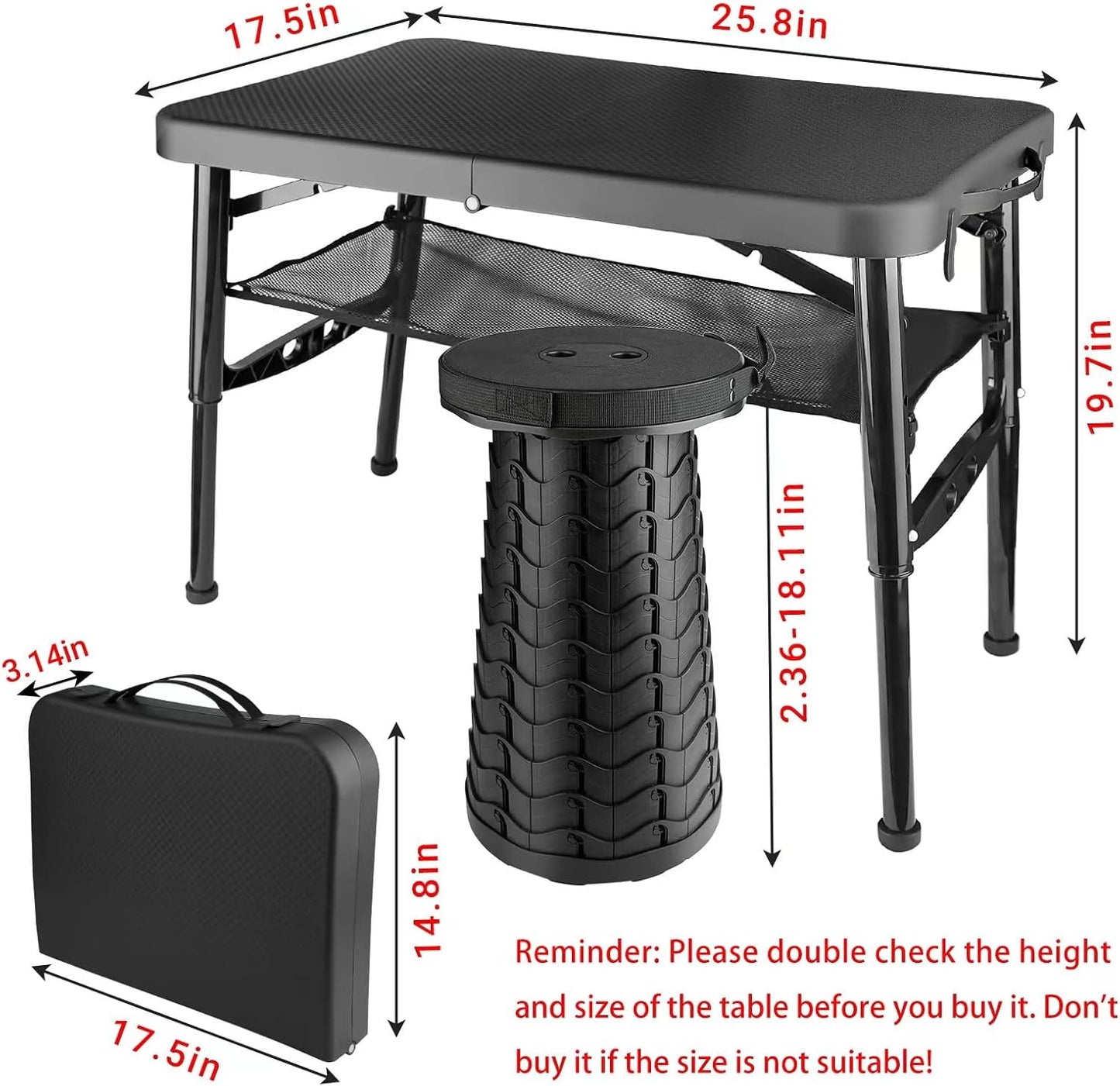 Folding Table and Stool, Small, Black, 4 Foot Outdoor Portable Table, Adjustable Height, Camping, Picnic, RV Table, 55lbs Load-Bearing, Lightweight