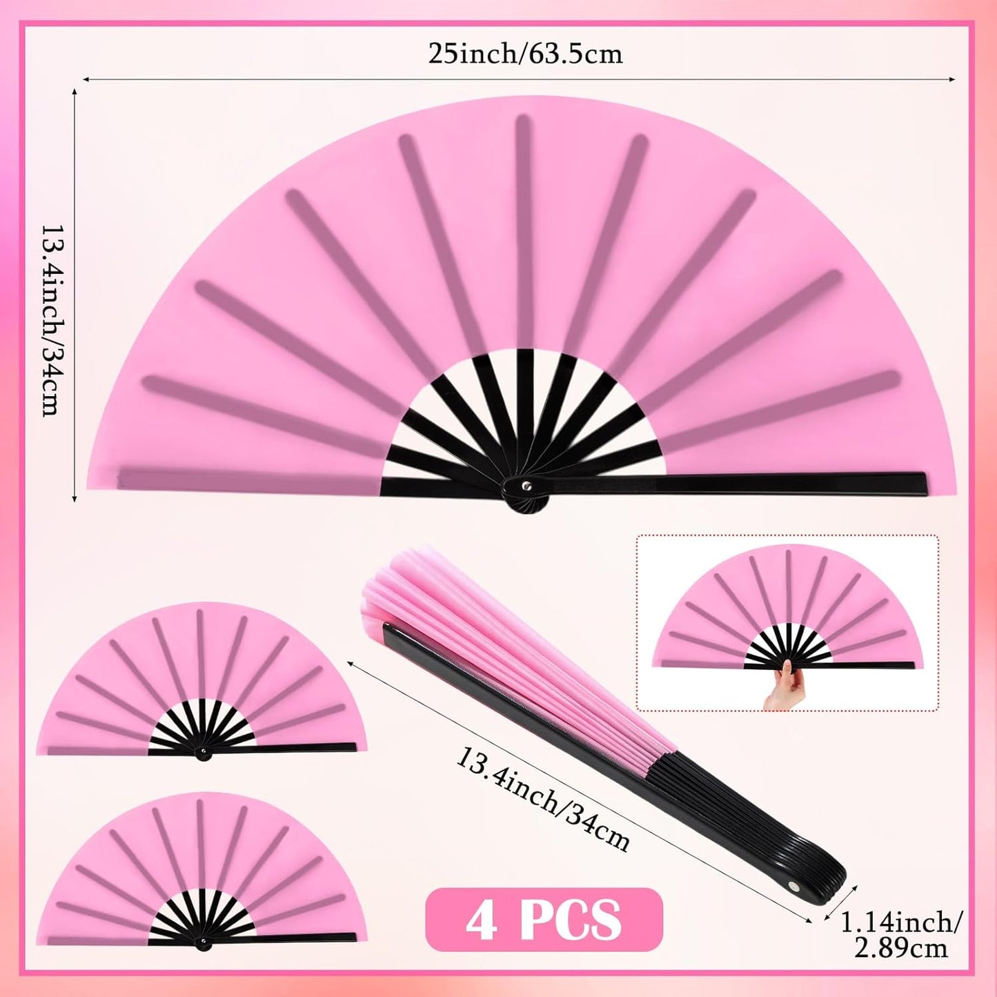 Maitys 4 Packs Large Clap Fans for Line Dancing Large Chinese Folding Hand Fans for Men and Women, Festival, Tai Ji, Kungfu, Martial Art, Gifts (Pink)