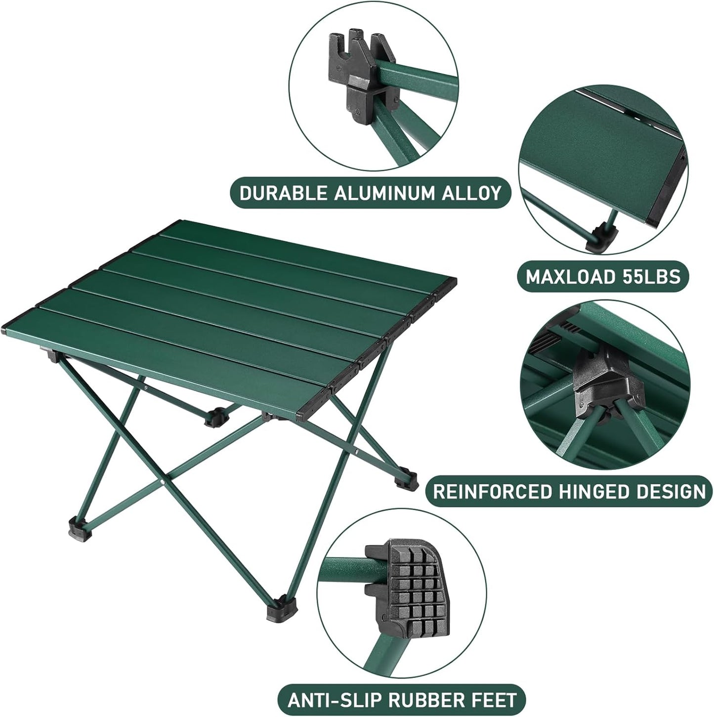Tesouro Portable Camping Table,Folding Side Table Aluminum Top for Outdoor Cooking, Hiking, Travel, Picnic (Blackish Green-Small)