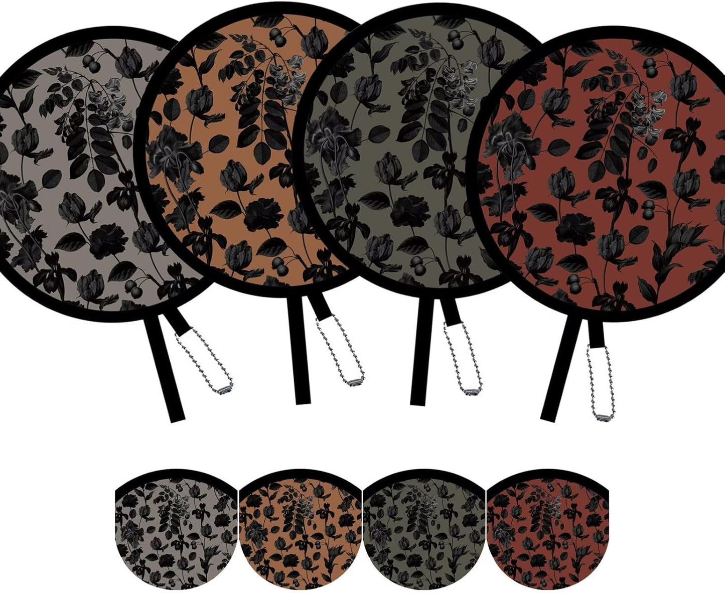 4 Pack Chic Black Botanical Foldable Hand Fans, Versatile Round Handheld Fans for Travel, Events, Indoor and Outdoor (Chic Black)