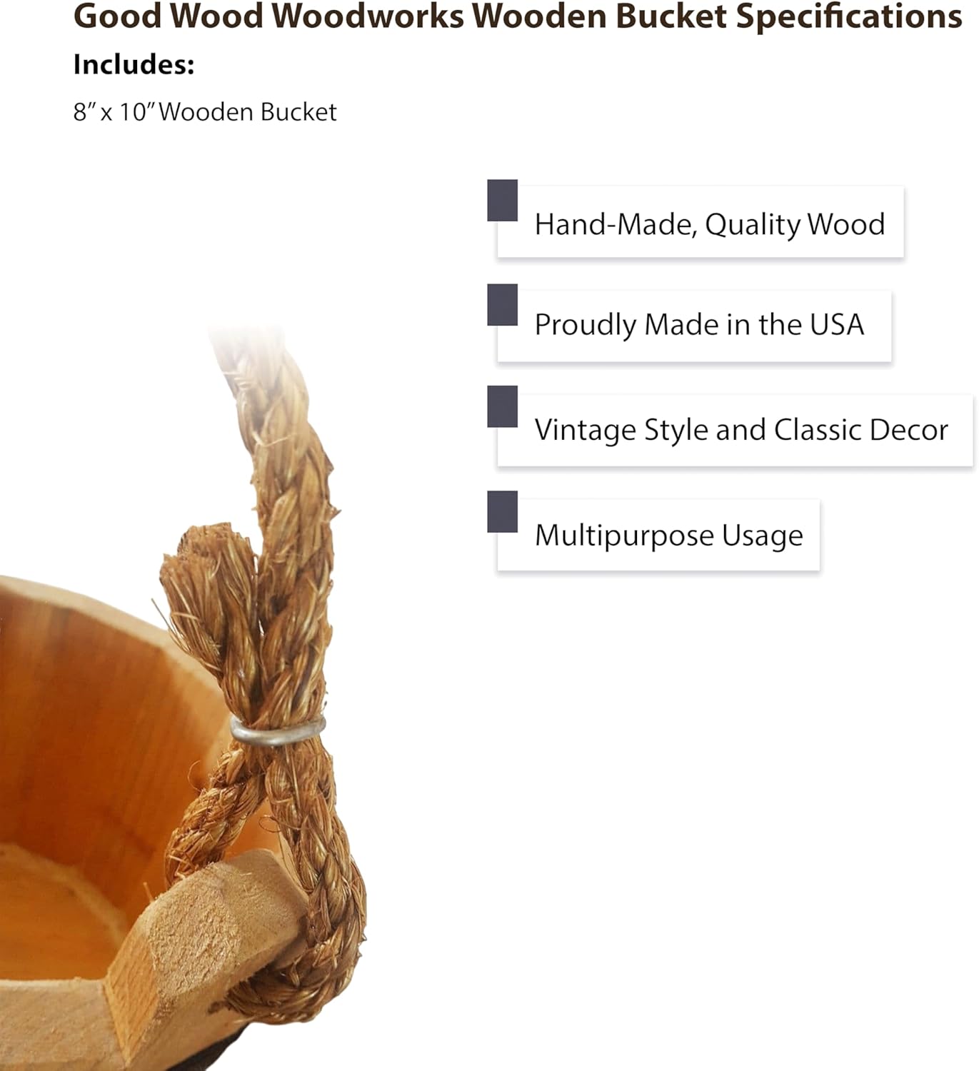 Good Wood - Wooden Bucket 8" x 10" Water Wishing Well Pail with Rope Twine Handle Solid Wood Vintage Style Primitive Planter - Made in The USA