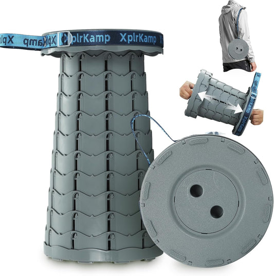 Retractable Folding Stool - Heavy Duty 400 lb Collapsible Portable Stool for Camping, Hiking, Fishing, Indoor/Outdoor with Non-Slip Base and Lightweight Design (Grey, 1-Pack)