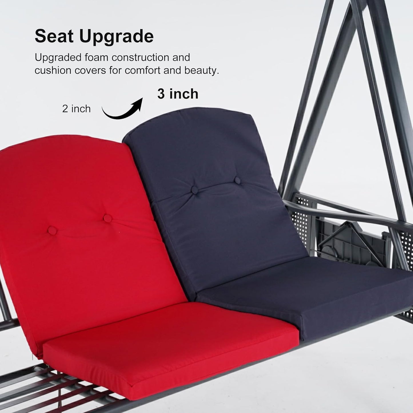 PURPLE LEAF Outdoor Patio Porch Swing with Stand, 2-seat Swing Chair with Adjustable Tilt Canopy All-Weather Steel Frame for Backyard Front Porch Lawn, Cushions and Pillow Included, Navy Blue