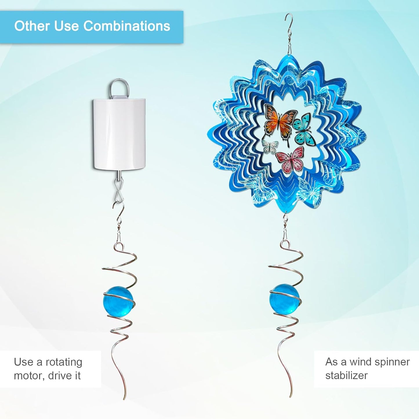 Gazing Ball Spiral Tail with 11inch Tail and 2inch Blue Glass Orb, Wind Spinner Stabilizer with Swivel Hook. Sun Catcher Rainbow Maker Hanging Decor for Garden Home Indoor Outdoor 13" H