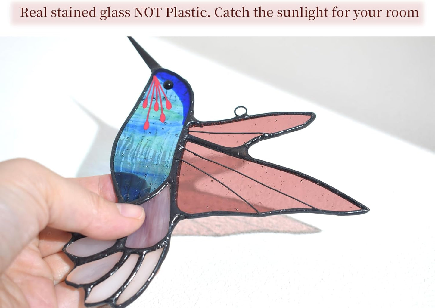 Lolitarcrafts Stained Glass Hummingbird Window Hangings with Flowers, Bird Stained Glass Suncatcher for Window Decor Hummingbird Gifts for Mom,Bird Lovers (Blue B)