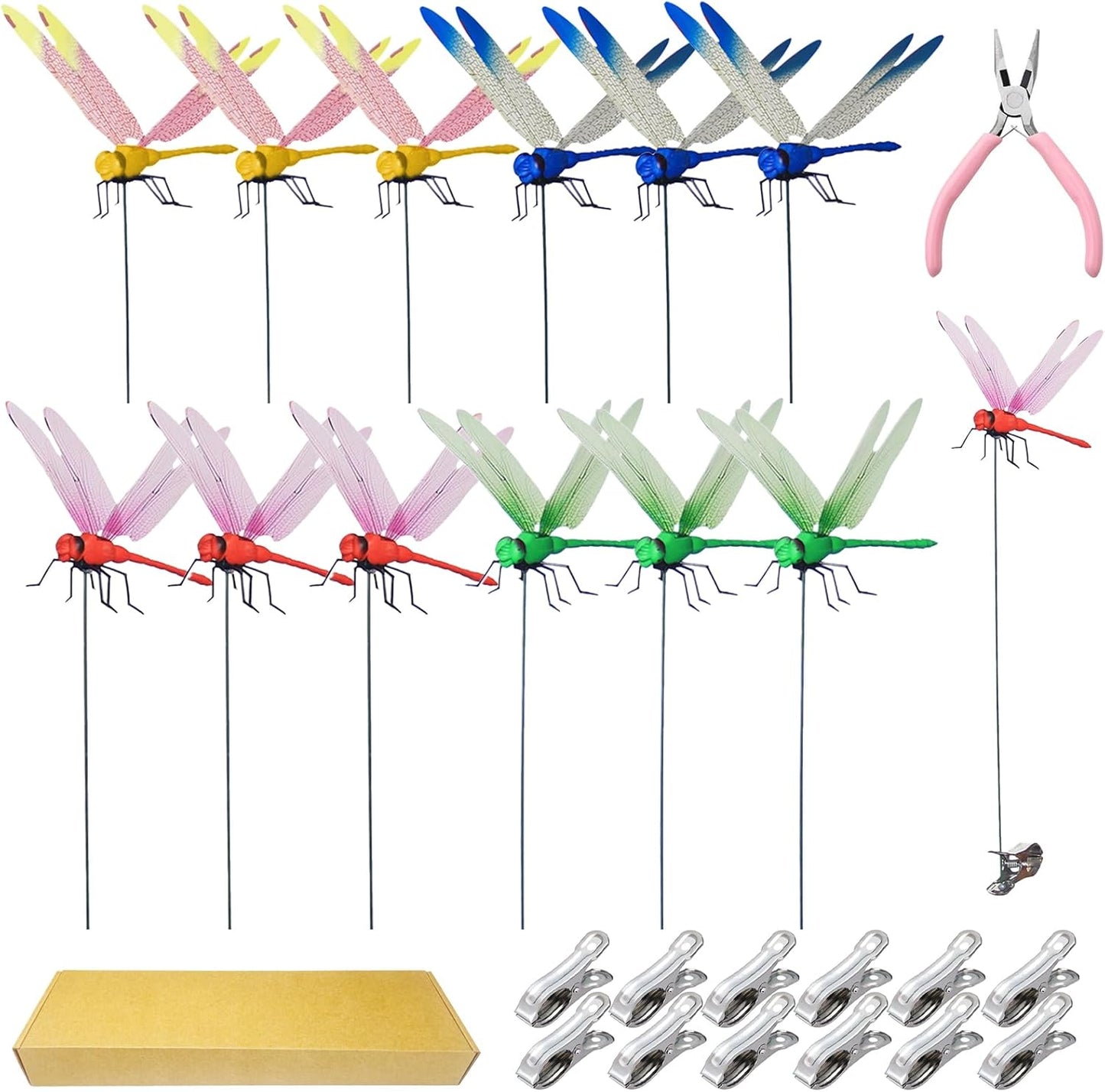 Jongdari 12 Sets Dragonfly Hat Clip Realistic Fake Dragonflies Clip-On Garden Outdoor Decor Stakes Plastic Dragon Fly Clips Plant Decorations for Pots, Includes Pliers & Clips