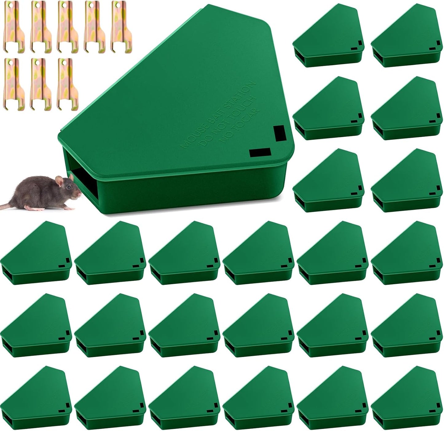 Qualirey 24 Pcs Mice Station with Key Triangle Bait Station Reusable Rodent Trap Bait Box, Keeps Children and Pets Safe Indoor & Outdoor, Bait Not Included, Suitable for Small Mice (Green)