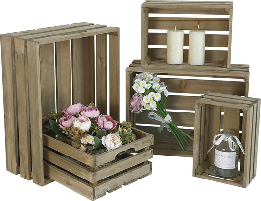 Large Wood Crates, Set of 5 Decorative Storage Box with Handles, Vintage Gray Farmhouse Wooden Crates for Decor, Wedding Birthday Home Party Living Room Kitchen Decoration