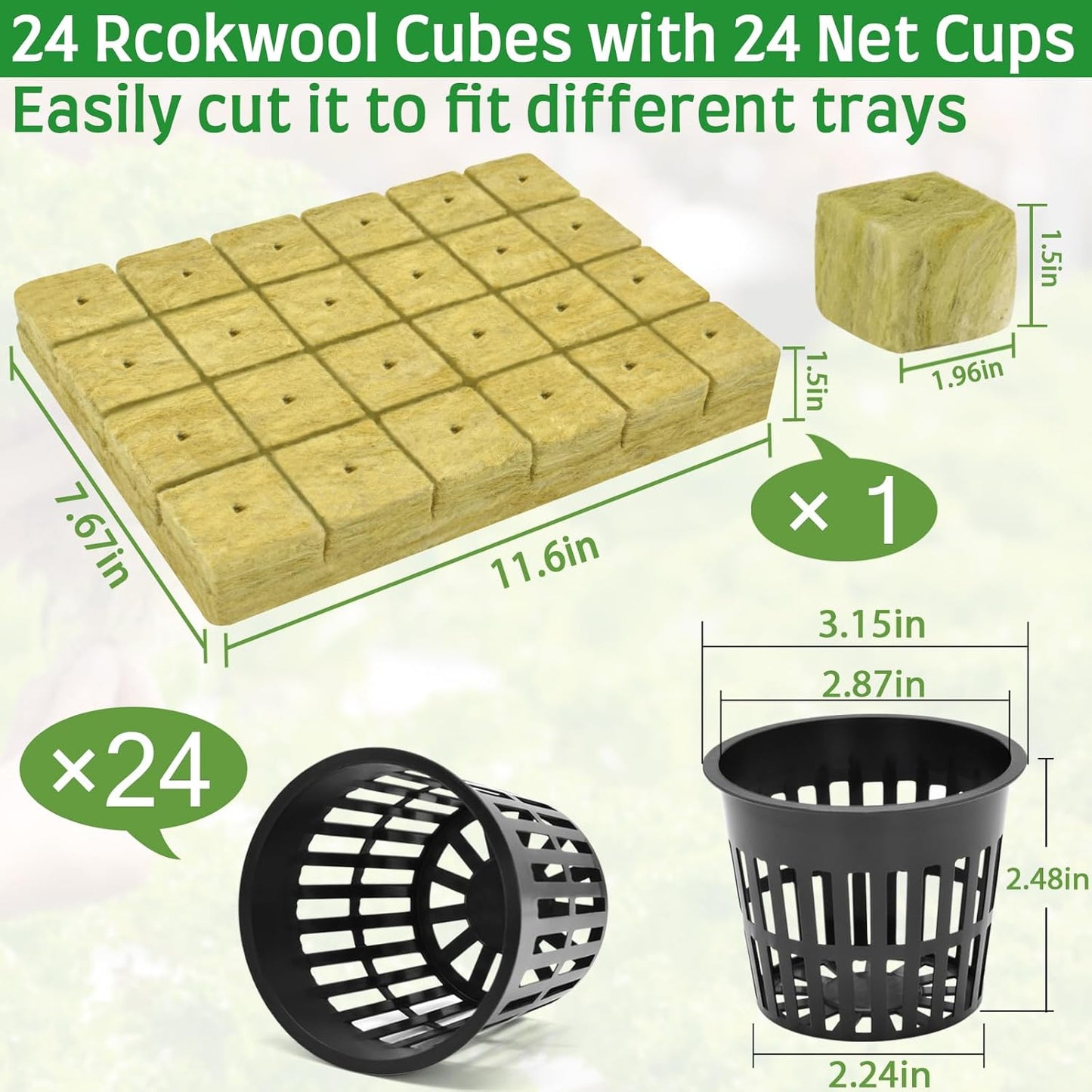 Halatool 24 x 2-Inch Rockwool Cubes & 24 x 3-Inch Net Cups - Hydroponics Starter Kit for Plants Cloning, Seed Starting, and Patio Gardening - Durable, Effective, Great Gift Option