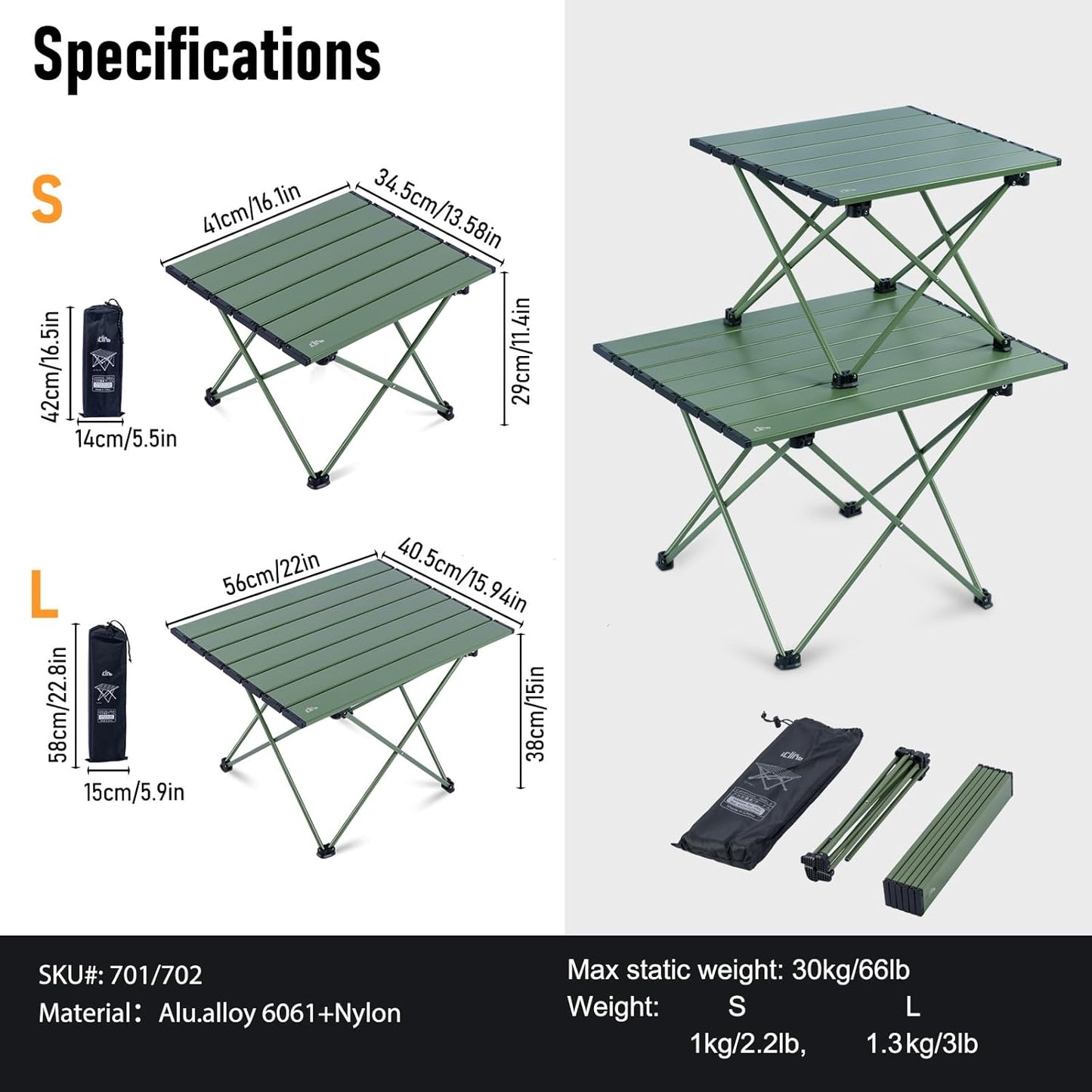 iClimb Ultralight Compact Camping Folding Table with Carry Bag (Green - L)