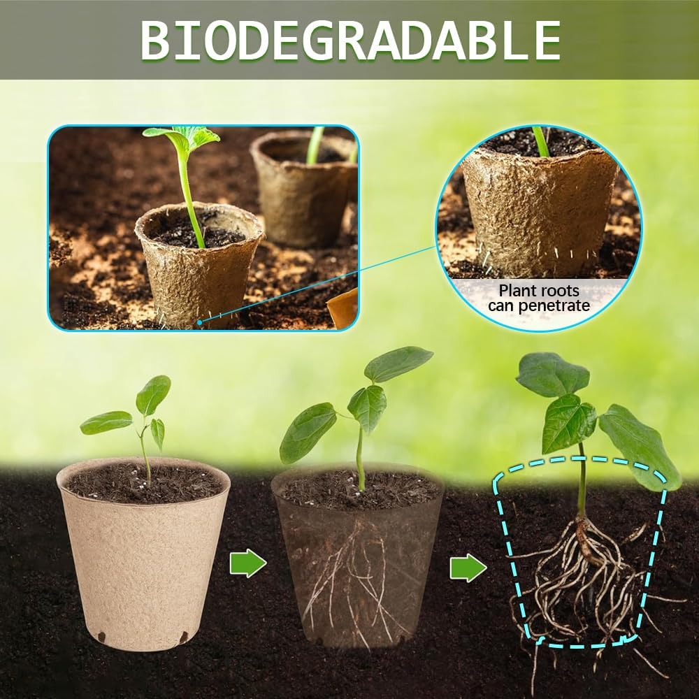50pcs Peat Pots for Seedling 3.15" Biodegradable Plant Nursery Pots Seed Starting Pots with Drainage Holes, 20 Plant Labels, 2 Transplant Tools