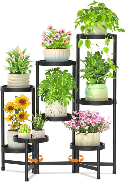LASZOLA 8 Tiered Folding Plant Stand Indoor for Multiple Large Planter, Tall Heavy Duty Adjustable Rack with Rust Proof Plastic Shelving, Sturdy Vertical Tree Organizer for Narrow Inside Floor, Black