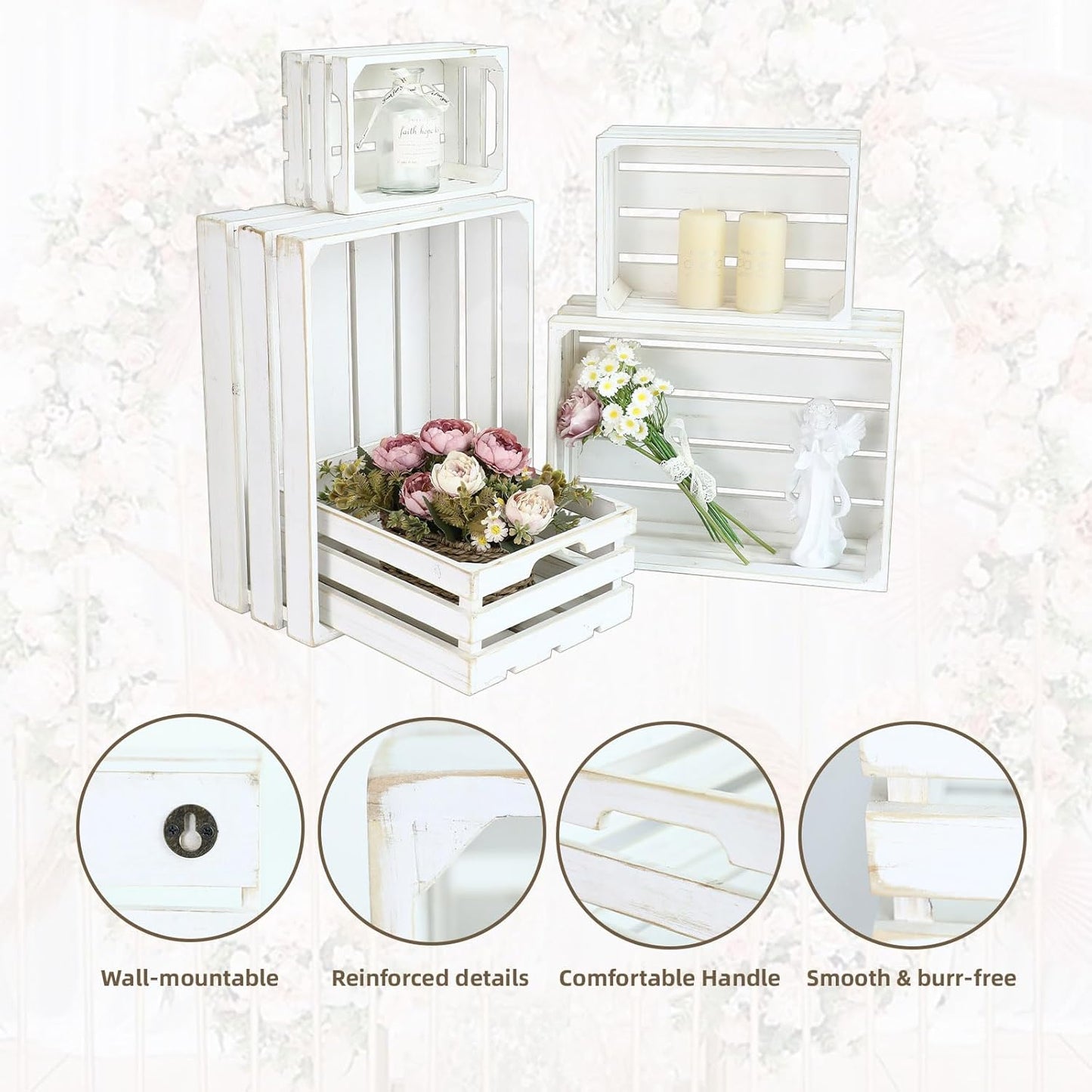 5-Piece Farmhouse Wooden Crate Set - Rustic Wooden Crates for Display and Storage, Large Whitewashed Decorative Crates, Farmhouse Apple Crates, Painted Wood Crates for Decor