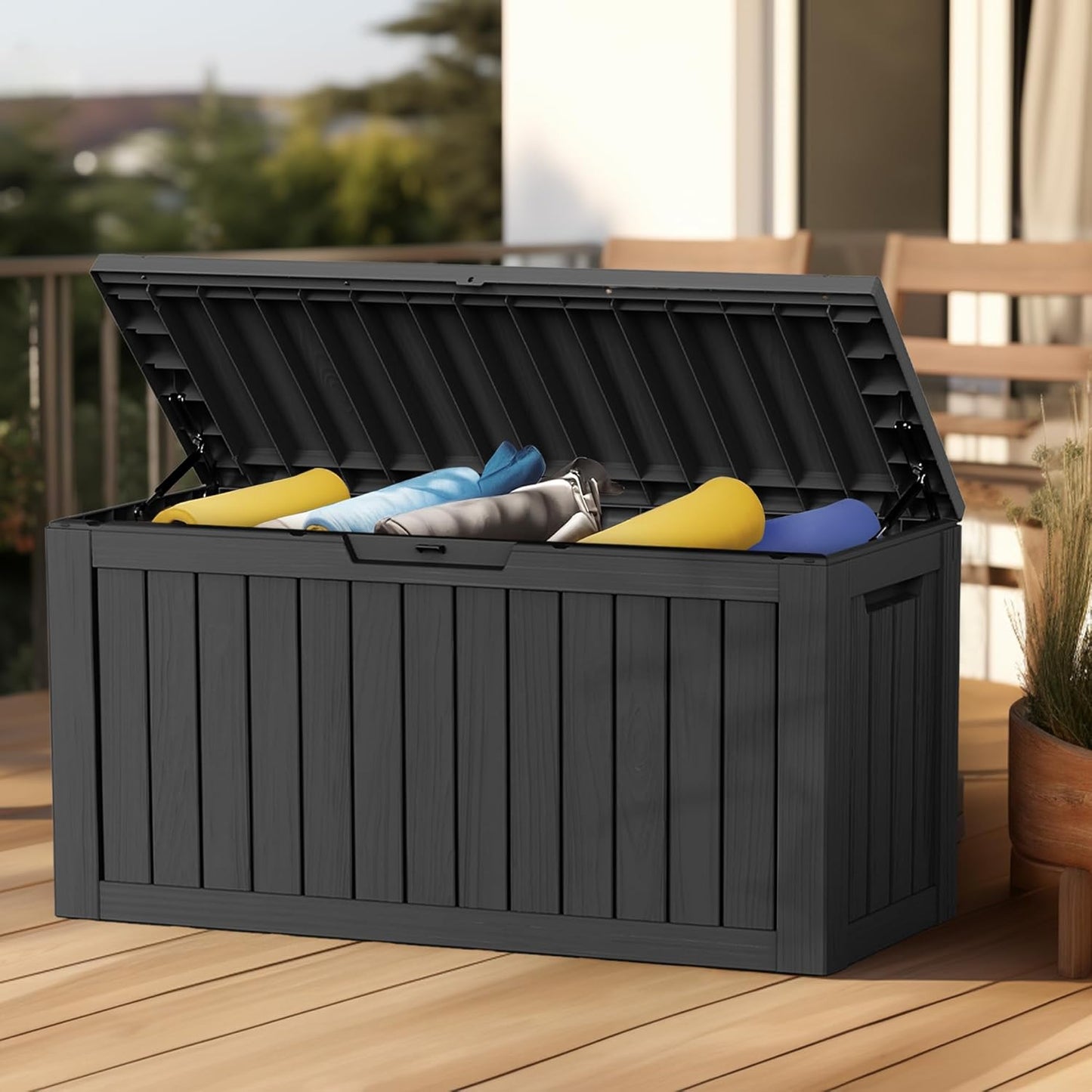 80 Gallon Outdoor Storage Box Waterproof, UV Resistant Resin Deck Box with Hydraulic Rod, Reinforced Stability for Patio, Garden, Striped Black