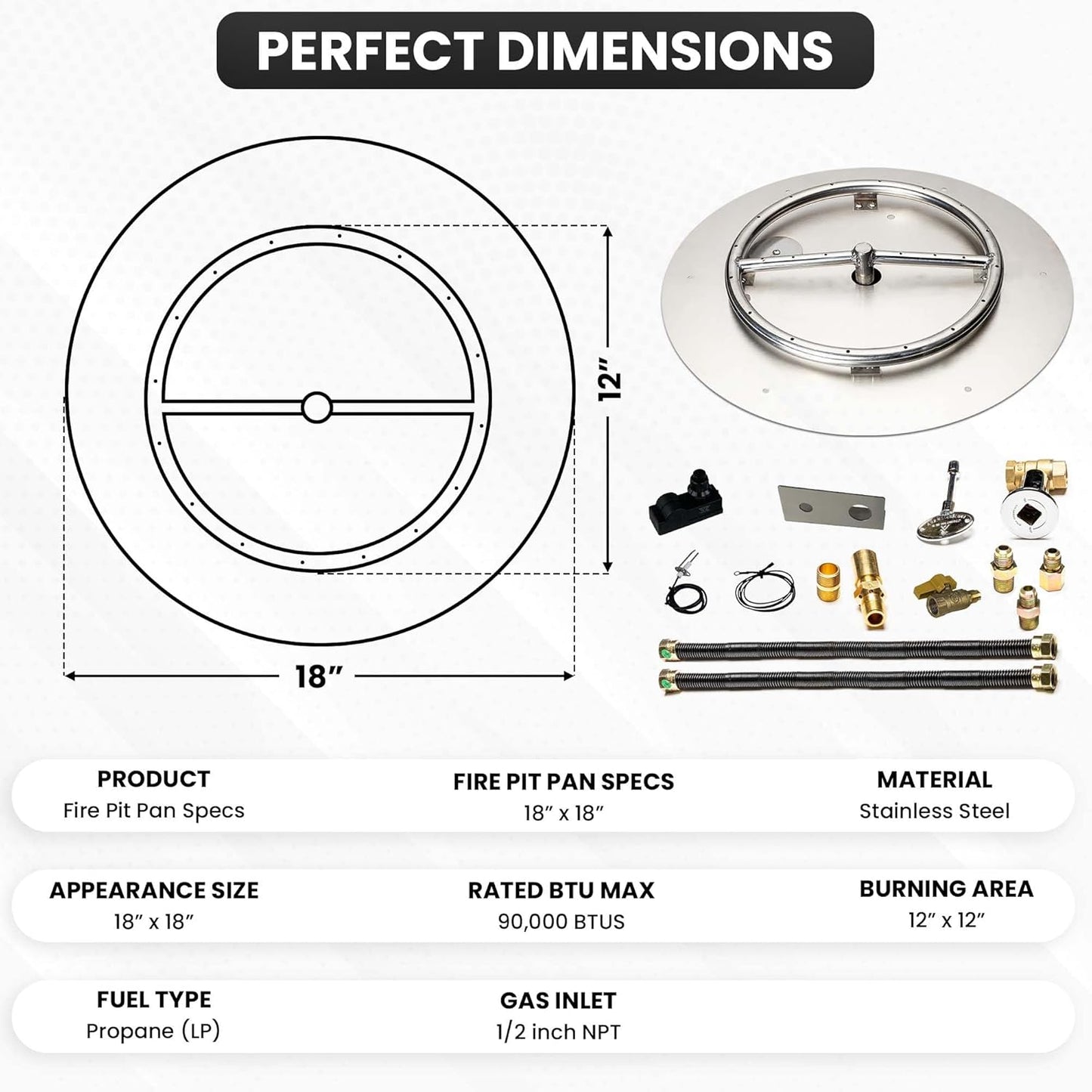 Stainless Steel Fire Pit Burner Pan & Ring Deluxe Kit for Liquid Propane, 18-Inch Pan, 12-Inch Ring, 90,000 BTU Max