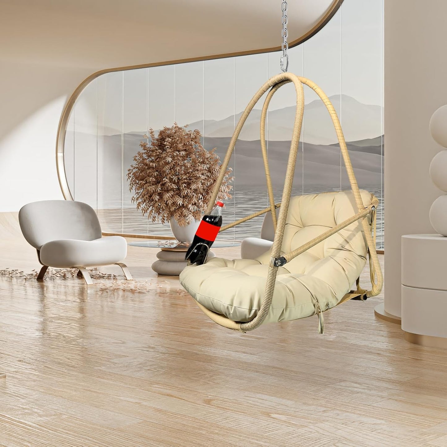 JESE Swing Egg Chair Without Stand Foldable Frame Hanging Chairs for Indoor Outside,with UV Resistant Waterproof Cushion&Cup Holder,Swing Hammock Chair for Patio,Bedroom,Balcony,Garden,Backyard,Khaki