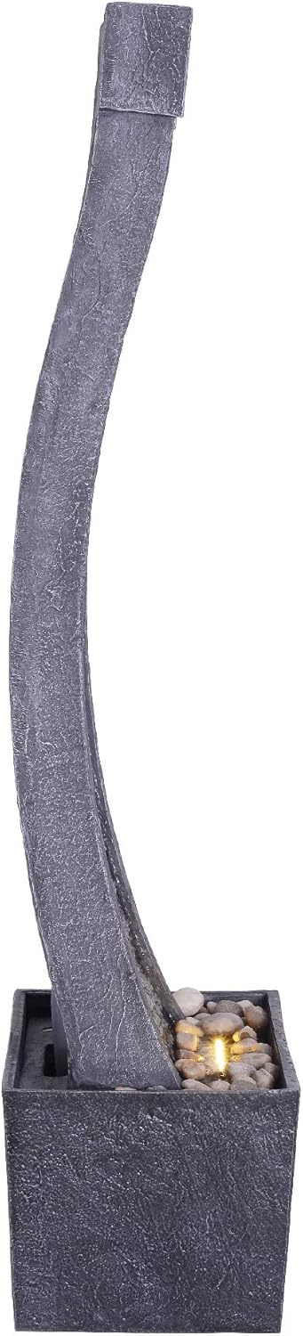 Teamson Home 38.58 in. Modern Curved Faux Slate Waterfall Fountain for Indoors or Outdoors with LED Light Accents and 1.98-Gallon Pump, Black and Stone Gray